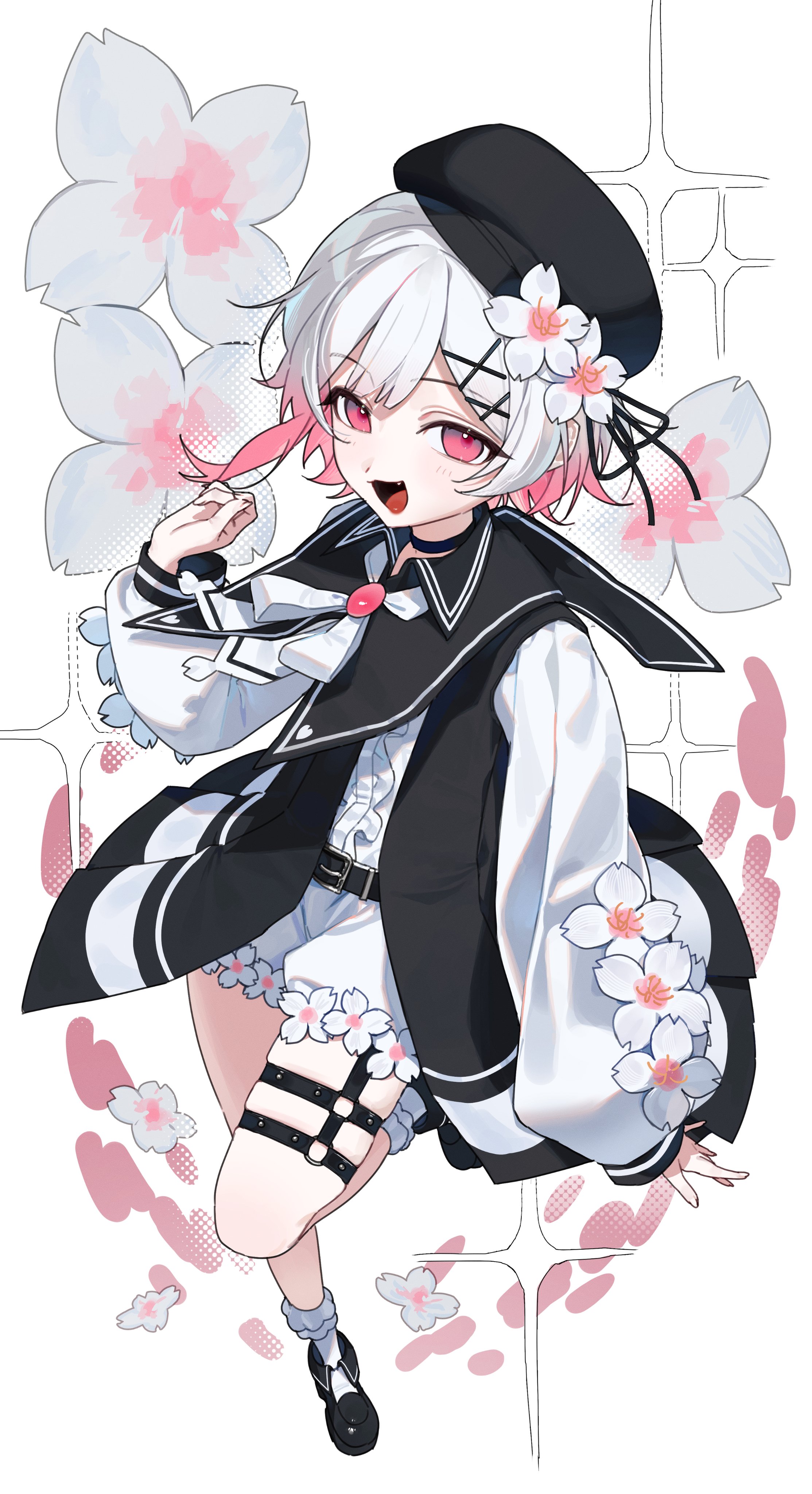 d4kou16, sakuraba ema, mahou shoujo no majo saiban, absurdres, highres, 1girl, belt, beret, black belt, black choker, black dress, black hat, black shoes, center frills, choker, dress, fang, flower, frills, full body, gradient hair, hair flower, hair ornament, hat, long sleeves, looking at viewer, multicolored hair, o-ring, o-ring thigh strap, pink eyes, puffy long sleeves, puffy sleeves, shoes, short hair, short shorts, shorts, simple background, smile, socks, solo, thigh strap, two-tone hair, white background, white hair, white shorts, white socks, x hair ornament