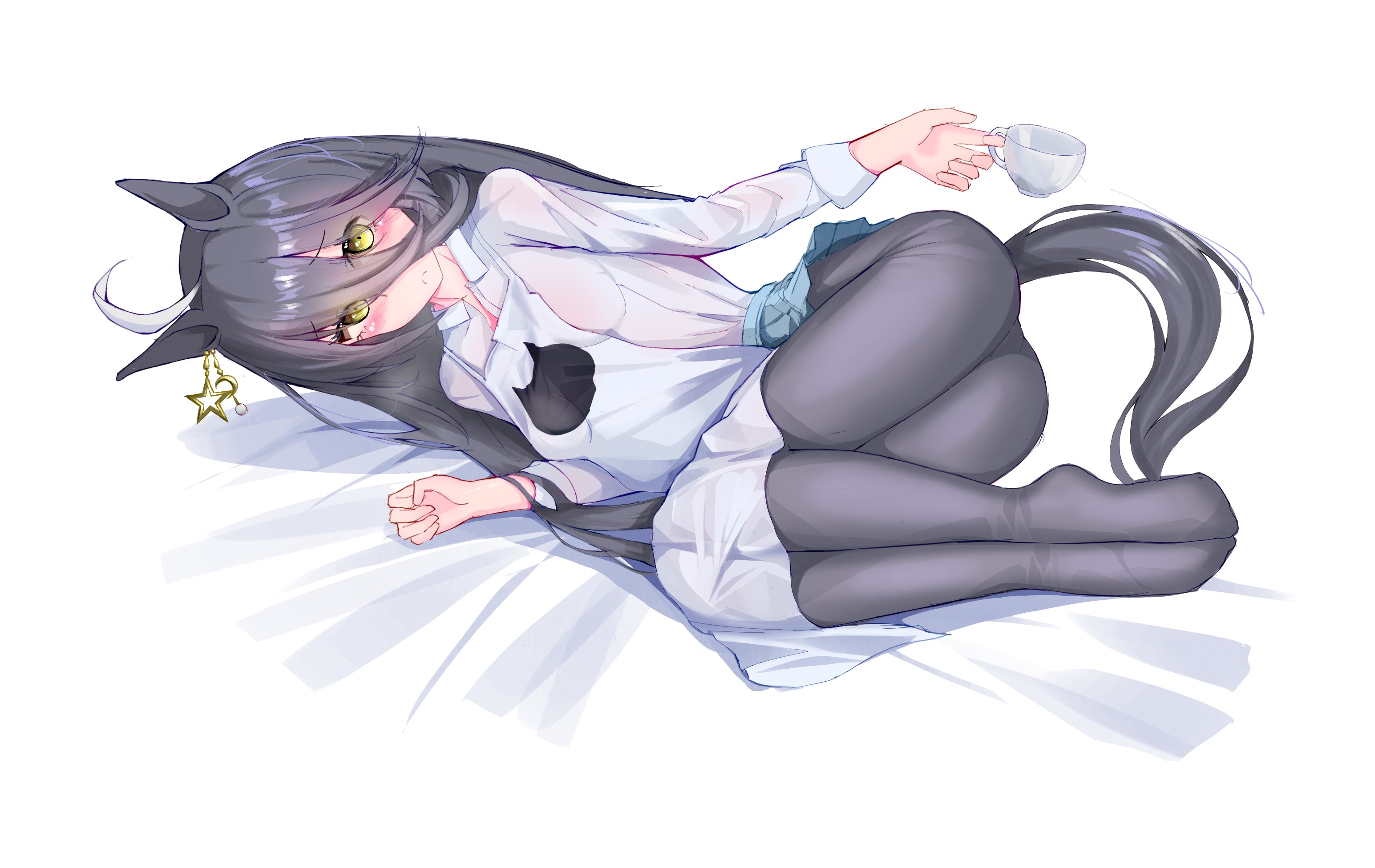 dev grater, manhattan cafe (umamusume), umamusume, highres, 1girl, ahoge, animal ears, apron, black hair, black pantyhose, blue skirt, blush, collared shirt, crescent, crescent earrings, cup, ear ornament, earrings, embarrassed, grey hair, hair between eyes, holding, holding cup, horse ears, horse girl, horse tail, jewelry, long bangs, long hair, long hair between eyes, long sleeves, lying, multicolored hair, on side, pantyhose, pleated skirt, shirt, single earring, skirt, solo, star (symbol), star earrings, tail, very long hair, white apron, white shirt, yellow eyes