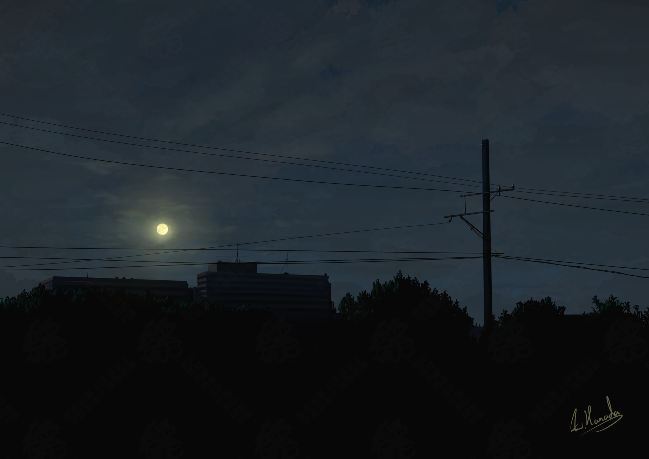 alu.m (alpcmas), original, building, cloud, cloudy sky, full moon, moon, night, night sky, no humans, outdoors, power lines, scenery, signature, sky, utility pole