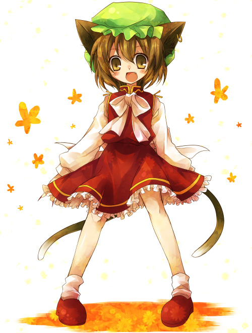 suzushiro kurumi, chen, touhou, 1girl, animal ears, brown eyes, brown hair, cat ears, cat girl, cat tail, dress, earrings, fang, female focus, full body, hat, jewelry, multiple tails, short hair, solo, tail