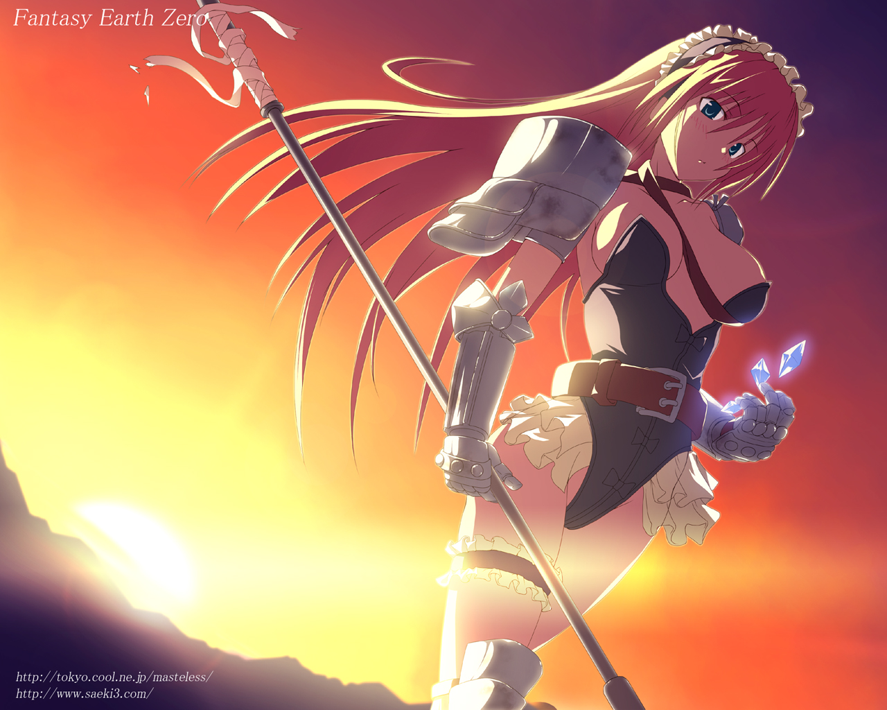 satofuji masato, fantasy earth zero, 1girl, armor, belt, blonde hair, breasts, cleavage, crystal, female focus, frilled thigh strap, frills, gauntlets, green eyes, hairband, large breasts, legs, leotard, long hair, outdoors, polearm, solo, sunset, thigh strap, thighs, weapon