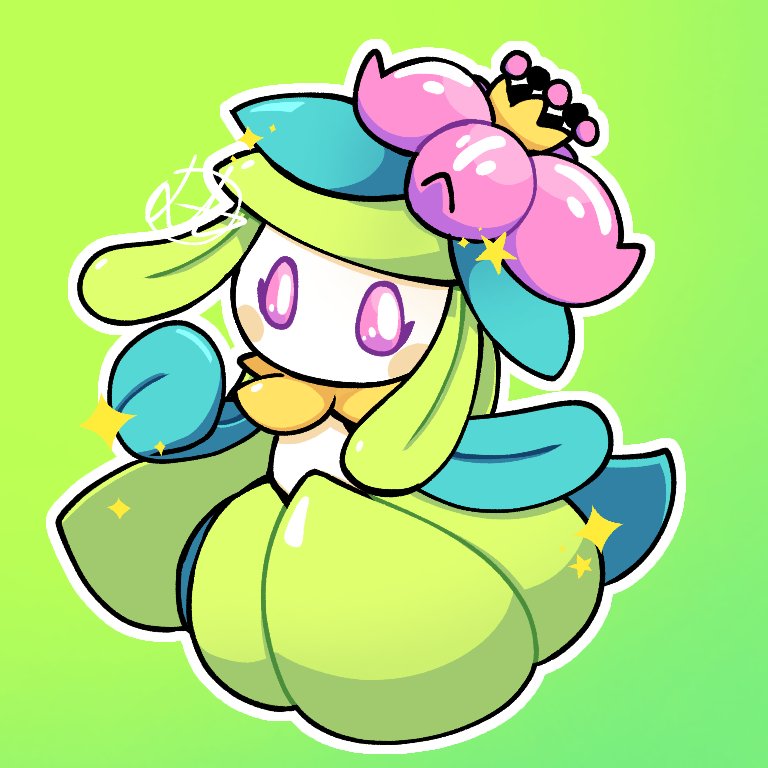 supersoursoda, lilligant, nintendo, pokemon, alternate color, blush stickers, chibi, crown, flower, gen 5 pokemon, green background, monster girl, no mouth, pink eyes, pink flower, plant girl, shiny pokemon, simple background, sparkle, star (symbol)