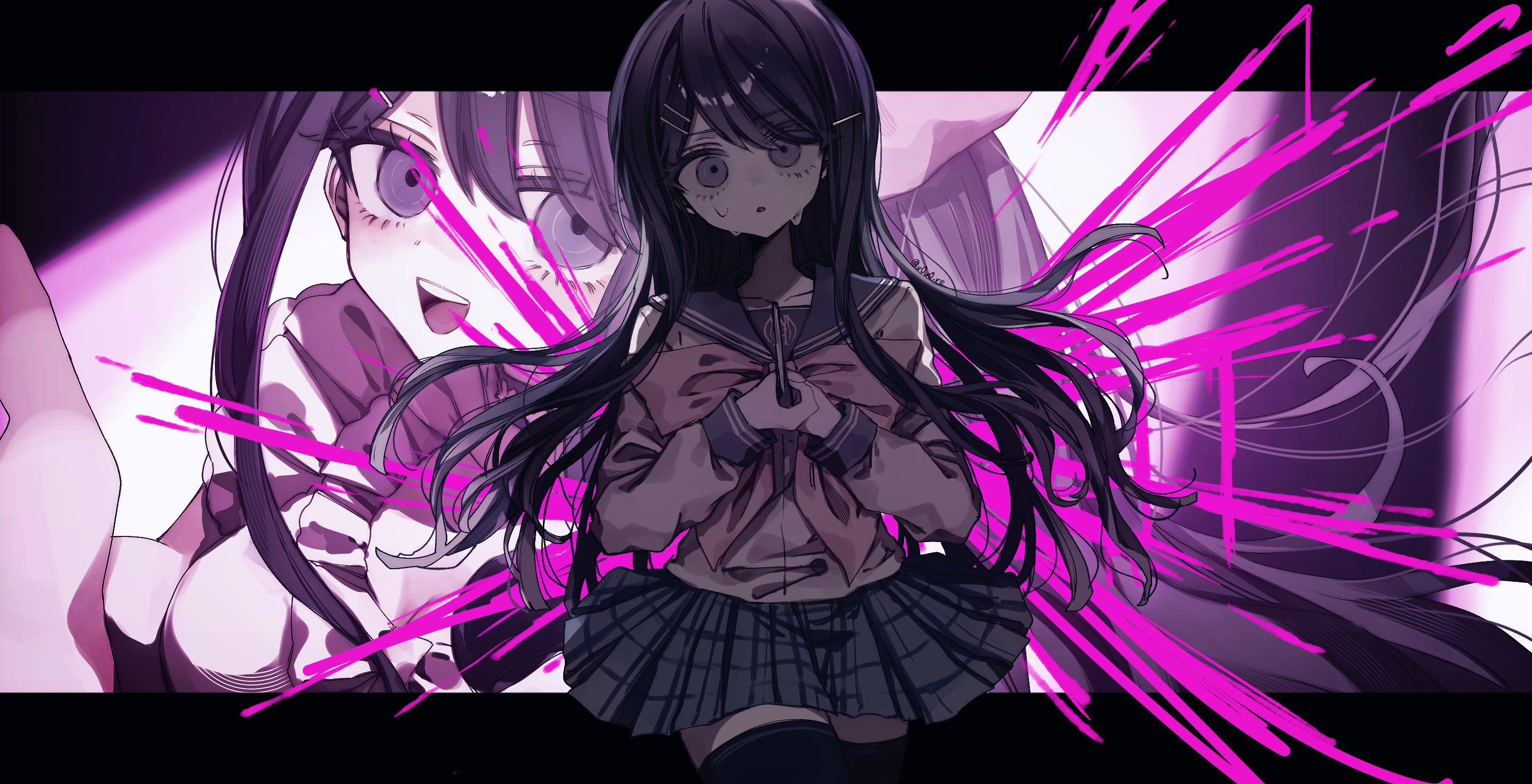 hanabata0320, maizono sayaka, danganronpa: trigger happy havoc, danganronpa (series), hashtag-only commentary, highres, spoilers, 1girl, :d, :o, black hair, black thighhighs, blood, blue sailor collar, blue skirt, bow, bowtie, breasts, cleavage, cowboy shot, eyes visible through hair, frilled shirt, frills, grey eyes, hair between eyes, hair ornament, hands up, holding, holding knife, knife, letterboxed, long hair, long sleeves, looking at viewer, medium breasts, miniskirt, multiple views, open mouth, outside border, pink blood, pink bow, pink bowtie, plaid clothes, plaid skirt, pleated skirt, puffy long sleeves, puffy sleeves, sailor collar, school uniform, shirt, skirt, smile, stab, standing, sweat, swept bangs, teeth, thighhighs, tongue, upper teeth only, very long hair, white shirt, zettai ryouiki