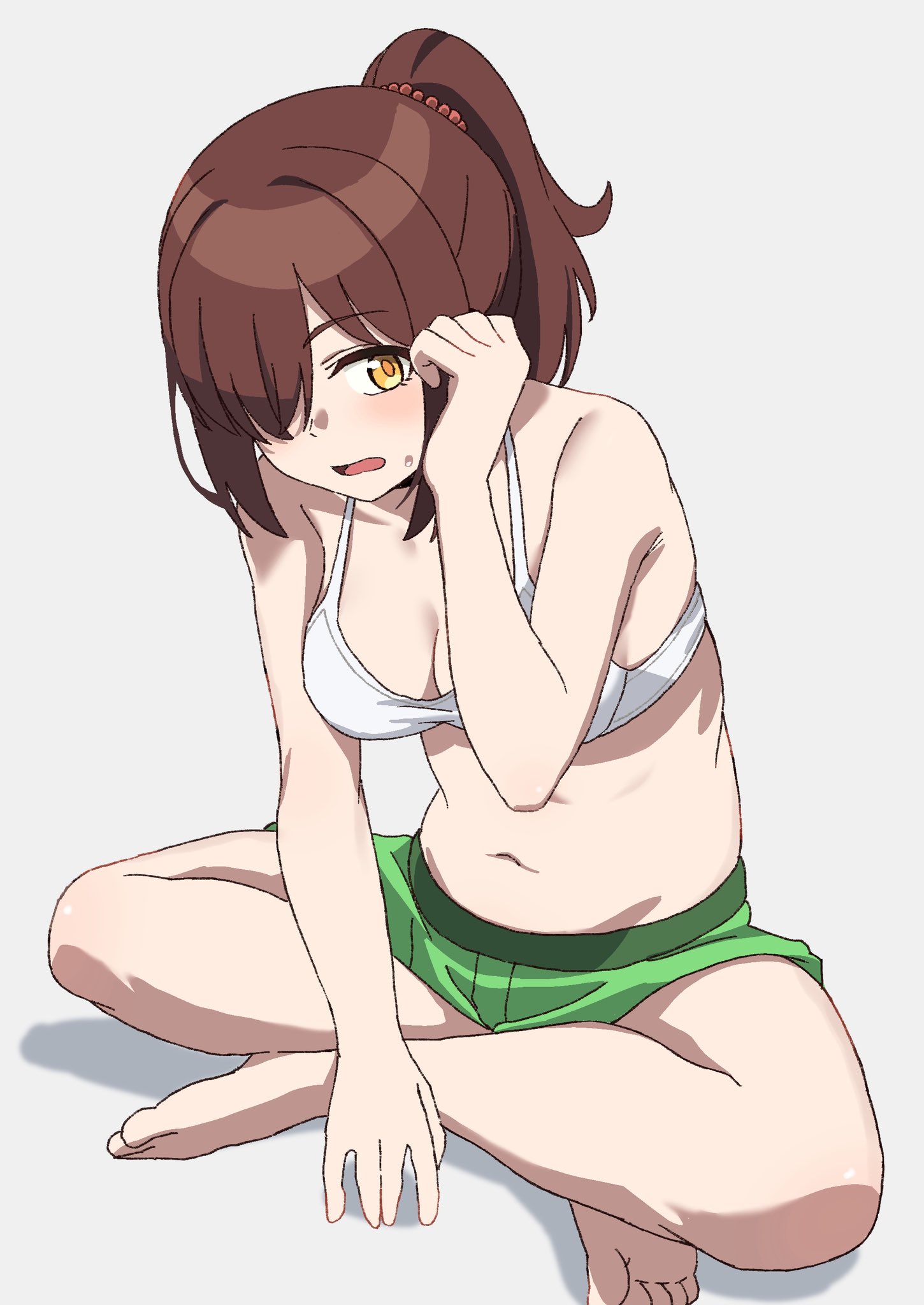 kippei, character request, copyright request, highres, 1girl, armpit crease, bare legs, barefoot, blush, bra, breasts, brown hair, eyelashes, full body, green shorts, grey background, hair ornament, hair over one eye, hand up, indian style, large breasts, leaning forward, legs, long hair, looking at viewer, navel, open mouth, ponytail, shadow, short shorts, shorts, sidelocks, simple background, sitting, sketch, solo, stomach, toes, underwear, white bra, yellow eyes