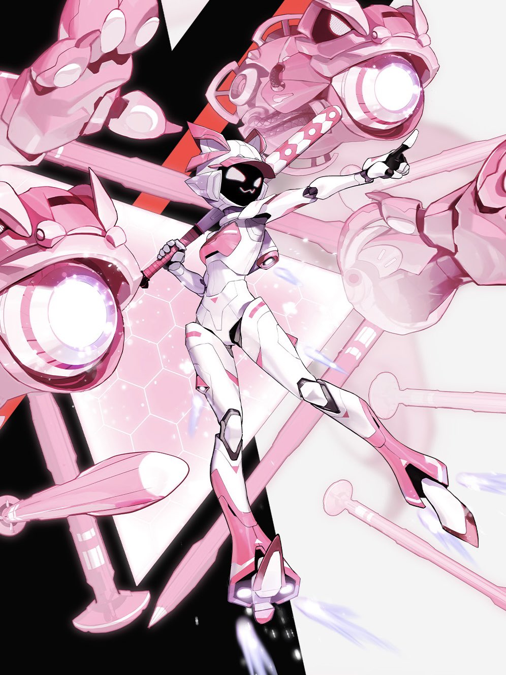 sd2190392804, loli (to be hero x), to be hero, to be hero x, highres, 1girl, ;3, armor, baseball bat, cannon, flying, helmet, jetpack, mecha, mecha pilot suit, missile, non-humanoid robot, one eye closed, pink armor, power armor, robot, robot animal, rocket, solo, white armor