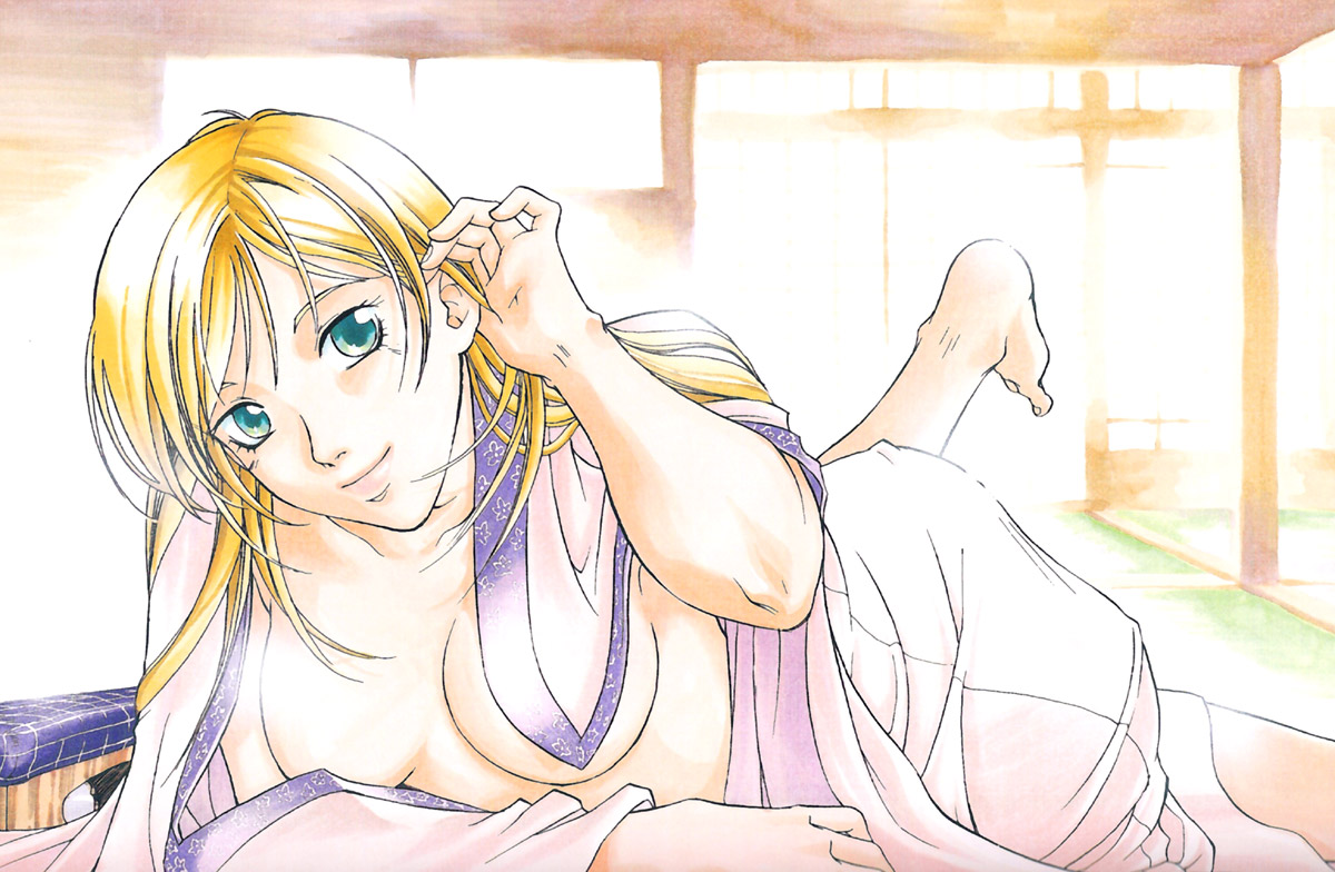kamijyo akimine, shiina yuya, samurai deeper kyo, 1girl, barefoot, bed, bed sheet, blanket, blonde hair, breasts, cleavage, closed mouth, collarbone, convenient censoring, facing viewer, female focus, green eyes, hair down, hand up, happy, indoors, leg up, long hair, looking at viewer, lying, medium breasts, no bra, on bed, on stomach, open clothes, smile, solo, under covers, waking up