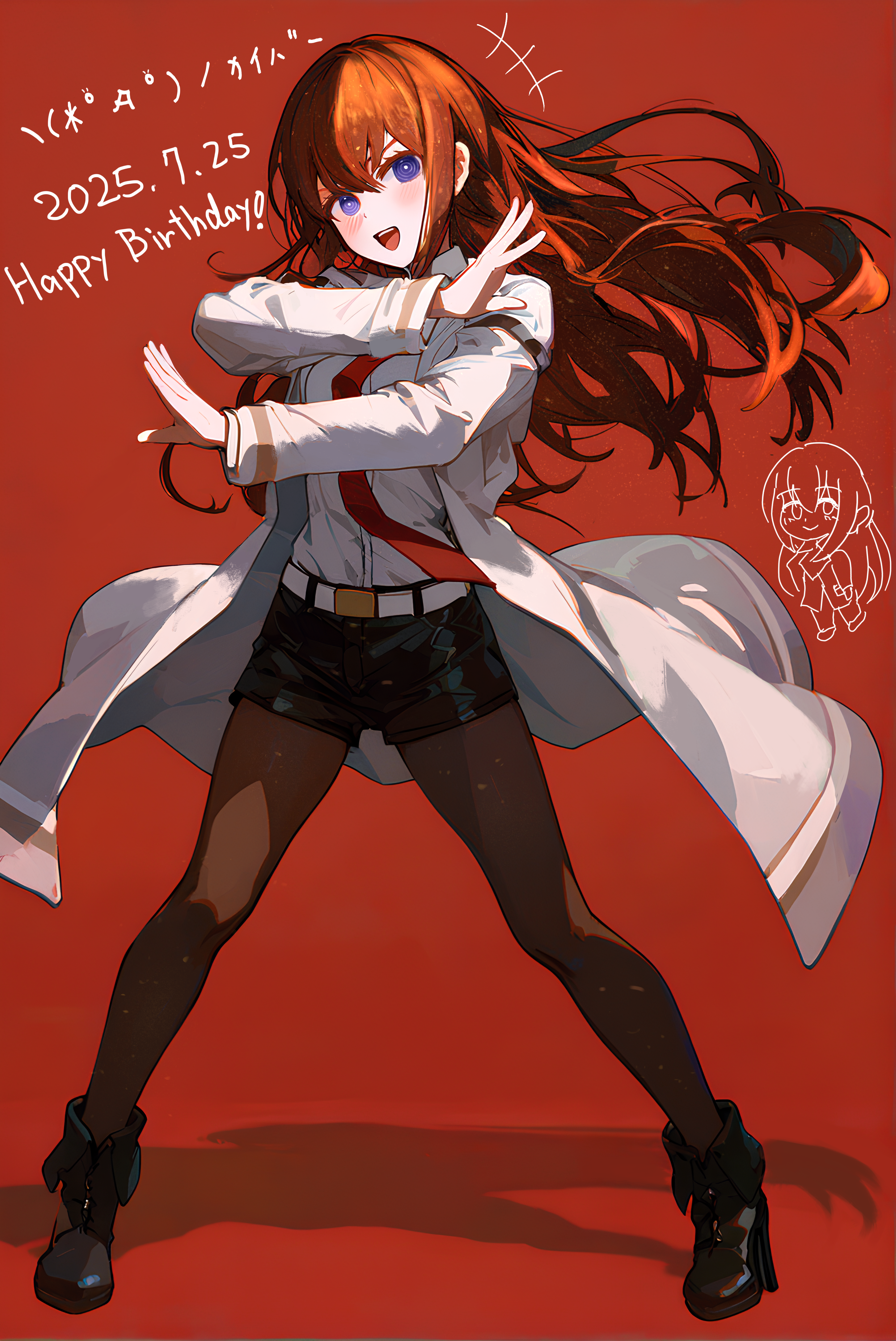 faster crisis, makise kurisu, science adventure, steins;gate, absurdres, highres, +++, 1girl, belt, belt buckle, black boots, black pantyhose, black shorts, blue eyes, blush, boots, bright pupils, buckle, coat, collared shirt, dated, emoticon, hair between eyes, happy birthday, henshin pose, high heel boots, high heels, kaomoji, lab coat, long hair, looking at viewer, necktie, open mouth, pantyhose, pantyhose under shorts, red background, red hair, red necktie, ringed eyes, shirt, shorts, solo, teeth, upper teeth only, white belt, white coat, white pupils, white shirt