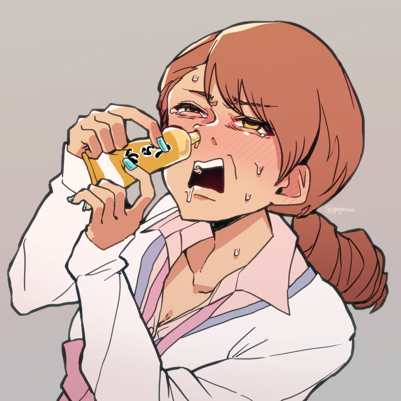 gojarun, hojo karen, idolmaster, idolmaster cinderella girls, commentary request, 1girl, blue nails, blush, bottle, brown hair, fingernails, grey background, half-closed eyes, holding, holding bottle, long fingernails, long sleeves, mustard, mustard bottle, nail polish, nostrils, open mouth, shirt, simple background, sleeves past wrists, snorting, solo, sweat, teeth, twitter username, upper body, upper teeth only, what, white shirt, yellow eyes