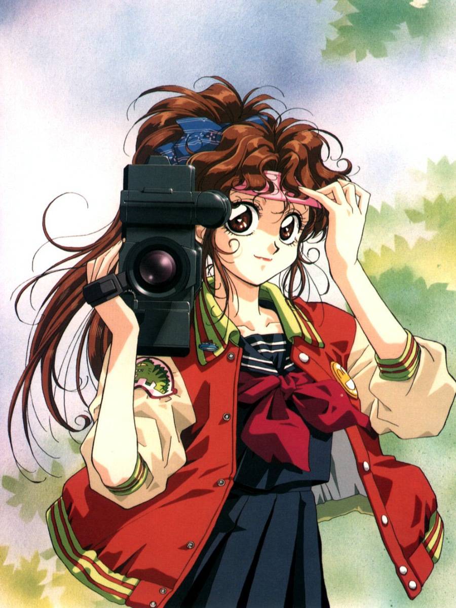 atsuko nakajima, nakajima atsuko, highres, 1girl, brown eyes, brown hair, camera, female focus, jacket, long hair, messy hair, open clothes, open jacket, ponytail, school uniform, smile, solo, visor cap