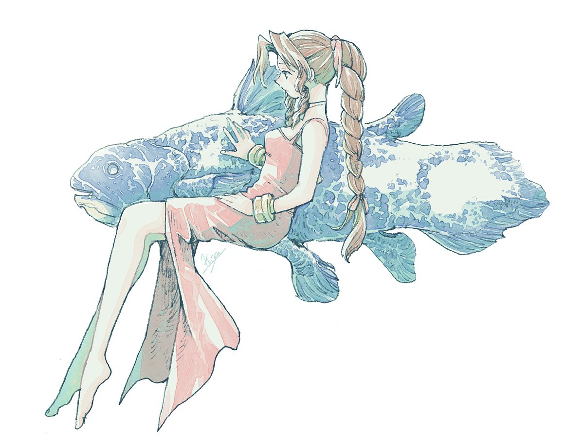 michibata 65, aerith gainsborough, final fantasy, final fantasy vii, 1girl, barefoot, bracelet, braid, braided ponytail, braided sidelocks, breasts, dress, eyelashes, fish, full body, hair intakes, hair ribbon, hand on own thigh, hand up, invisible chair, jewelry, long dress, looking to the side, meme, pool's closed (meme), red dress, ribbon, side slit, sidelocks, signature, simple background, sitting, small breasts, solo, white background