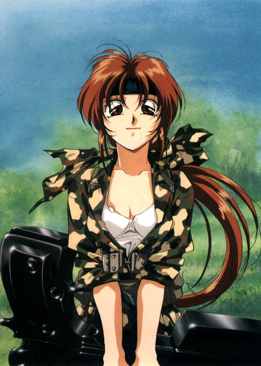 atsuko nakajima, nakajima atsuko, highres, 1girl, brown eyes, brown hair, camouflage, female focus, gun, hairband, holding, long hair, oversized object, ponytail, solo, weapon