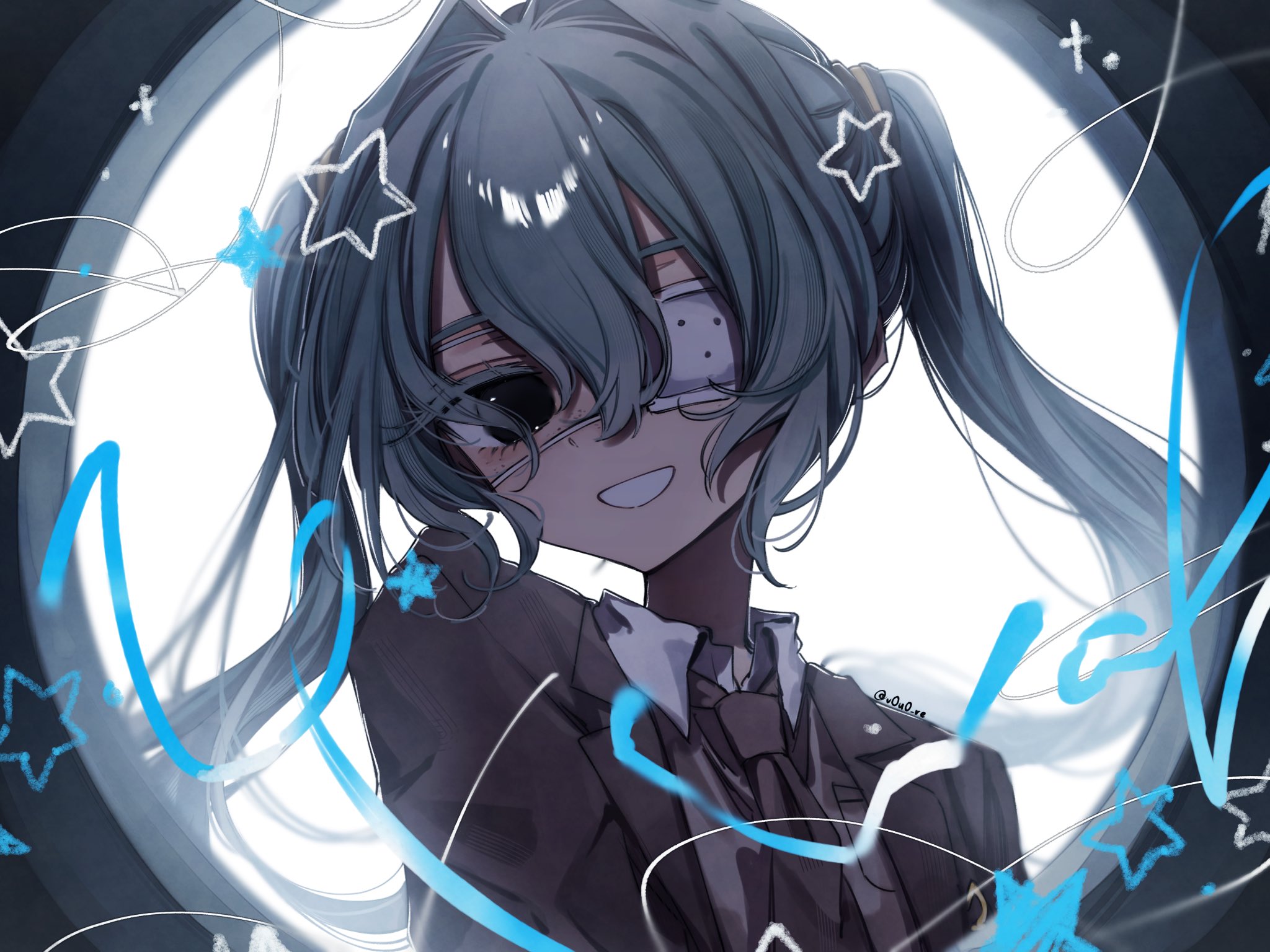 hanabata0320, hatsune miku, monitoring (vocaloid), vocaloid, commentary, highres, 1girl, :d, arms at sides, black eyes, bloom, blue hair, brown jacket, brown necktie, brown shirt, collared shirt, colored eyelashes, double-parted bangs, eyepatch, floating hair, freckles, grin, hair between eyes, hair intakes, jacket, lapels, long hair, looking at viewer, medical eyepatch, necktie, no pupils, notched lapels, one eye covered, open clothes, open jacket, open mouth, pov peephole, shirt, simple background, smile, solo, sparkle, star (symbol), twintails, twitter username, upper body, very long hair, white background