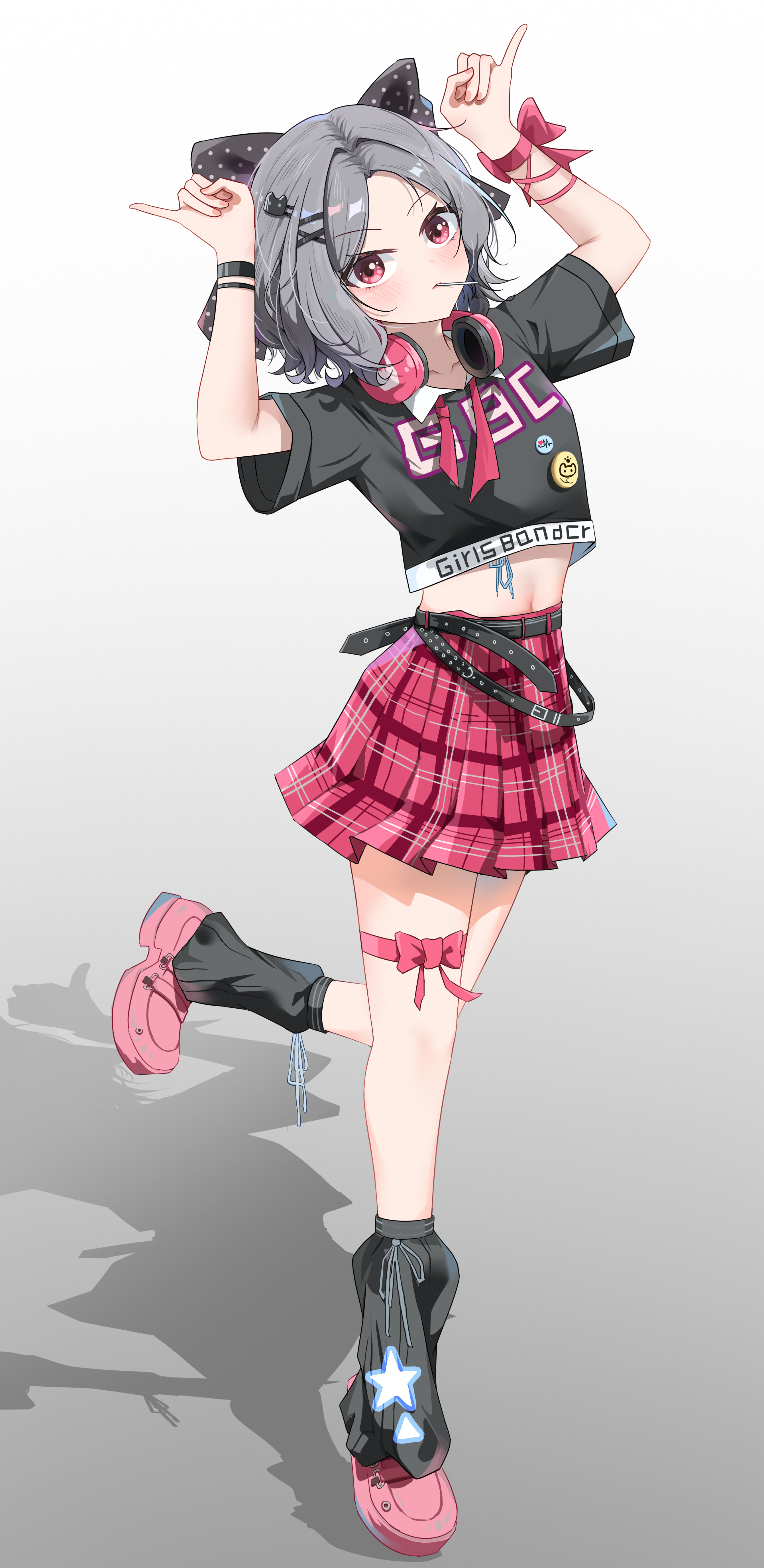 ebizuka tomo, girls band cry, absurdres, commentary request, highres, variant set, 1girl, arms up, belt, black belt, black leg warmers, black shirt, bow, copyright name, crop top, cropped shirt, foot up, forehead, full body, gradient background, grey background, grey hair, headphones, headphones around neck, leg warmers, lollipop in mouth, looking at viewer, medium hair, midriff, miniskirt, navel, parted bangs, pink shoes, pinky out, plaid clothes, plaid skirt, pleated skirt, red bow, red eyes, red skirt, shadow, shirt, shoes, short sleeves, skirt, solo, tbyjpg, thigh bow, wrist bow, wristband