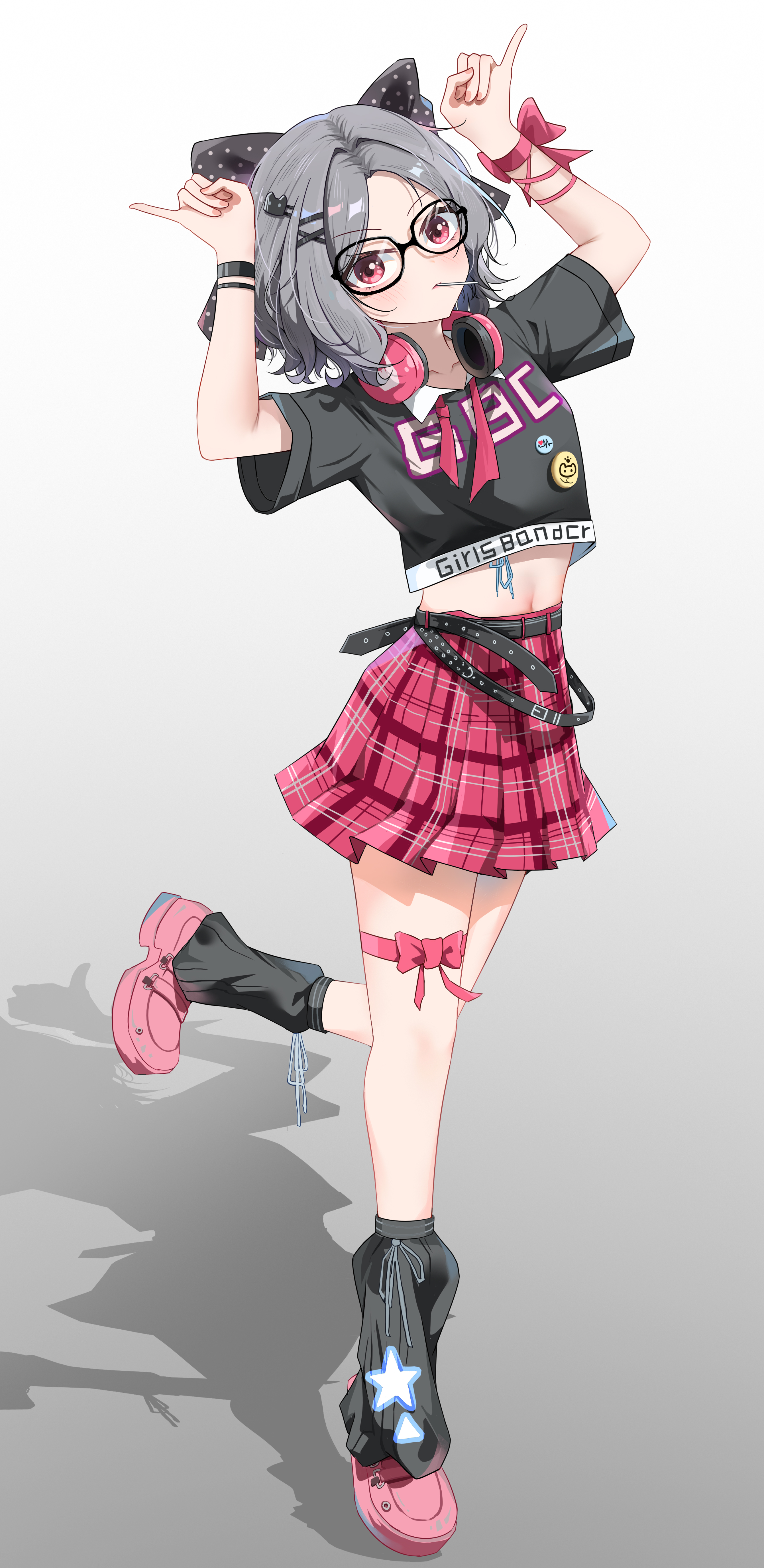 ebizuka tomo, girls band cry, absurdres, commentary request, highres, variant set, 1girl, arms up, belt, black-framed eyewear, black belt, black leg warmers, black shirt, bow, copyright name, crop top, cropped shirt, foot up, forehead, full body, glasses, gradient background, grey background, grey hair, headphones, headphones around neck, leg warmers, lollipop in mouth, looking at viewer, medium hair, midriff, miniskirt, navel, parted bangs, pink shoes, pinky out, plaid clothes, plaid skirt, pleated skirt, red bow, red eyes, red skirt, shadow, shirt, shoes, short sleeves, skirt, solo, tbyjpg, thigh bow, wrist bow, wristband