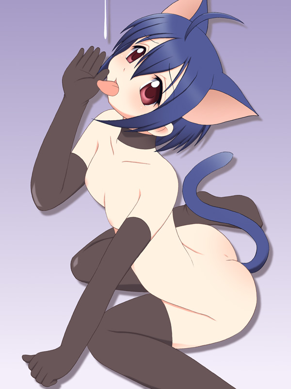 miyazaki nodoka, mahou sensei negima!, 00s, 1girl, animal ears, cat ears, cat tail, choker, elbow gloves, female focus, gloves, nude, solo, tail, thighhighs, tongue