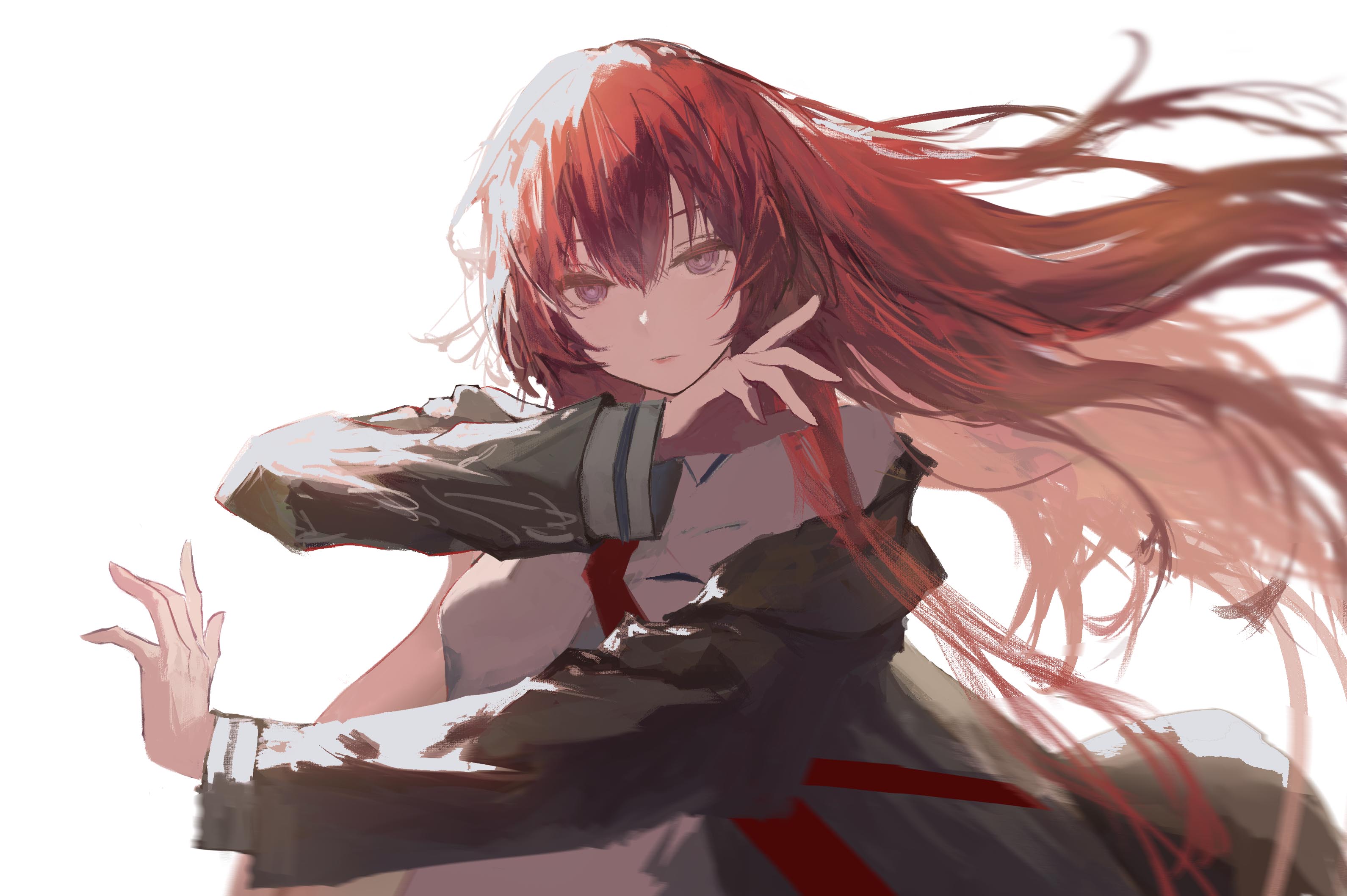 dido (magicc), makise kurisu, science adventure, steins;gate, commentary request, highres, 1girl, bloom, blue eyes, brown jacket, collared shirt, expressionless, hair between eyes, henshin pose, jacket, long hair, looking at viewer, necktie, red hair, red necktie, shirt, simple background, solo, upper body, white background, white shirt