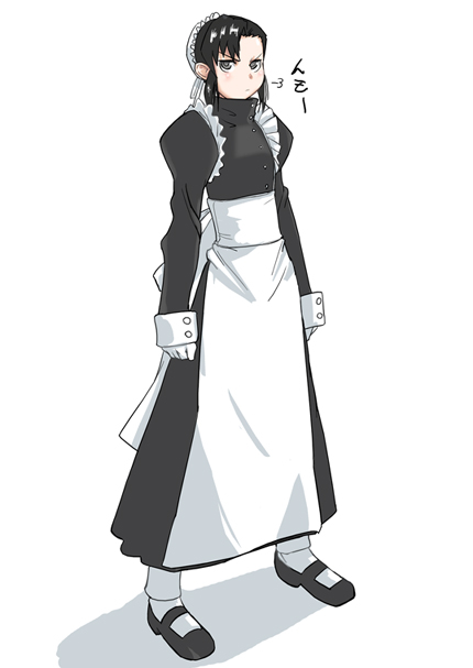 sugar (sugarless), fabiola iglesias, black lagoon, 00s, 1girl, apron, black hair, blush, female focus, gloves, hair bun, looking at viewer, maid, maid apron, puffy sleeves, simple background, single hair bun, solo, waist apron, white background