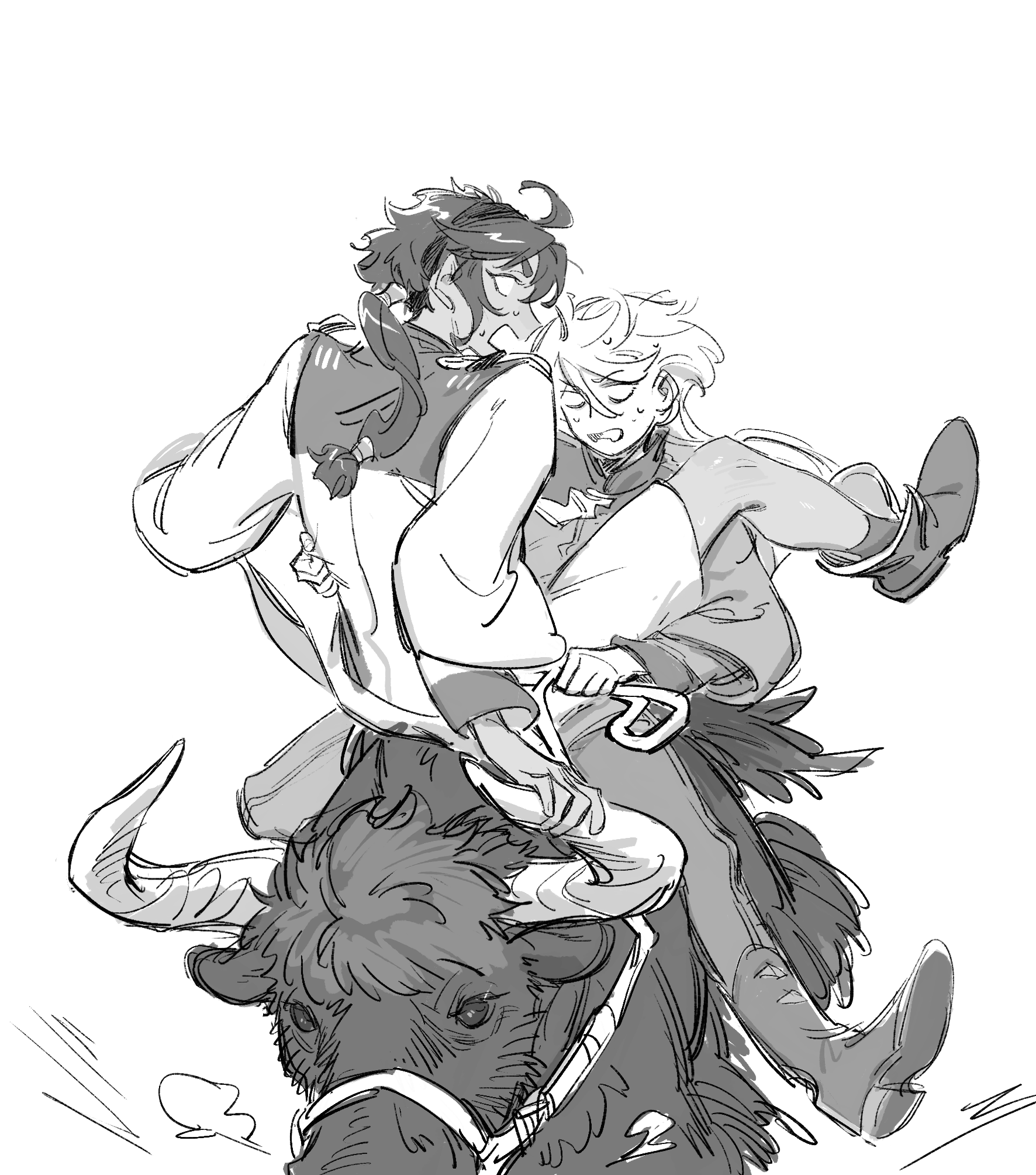 nideaneng, miorine rembran, suletta mercury, gundam, gundam suisei no majo, highres, 2girls, ahoge, bull, full body, greyscale, horrified, monochrome, multiple girls, no pupils, riding, riding animal, sitting, sitting on person, sweatdrop, torso grab, turn pale