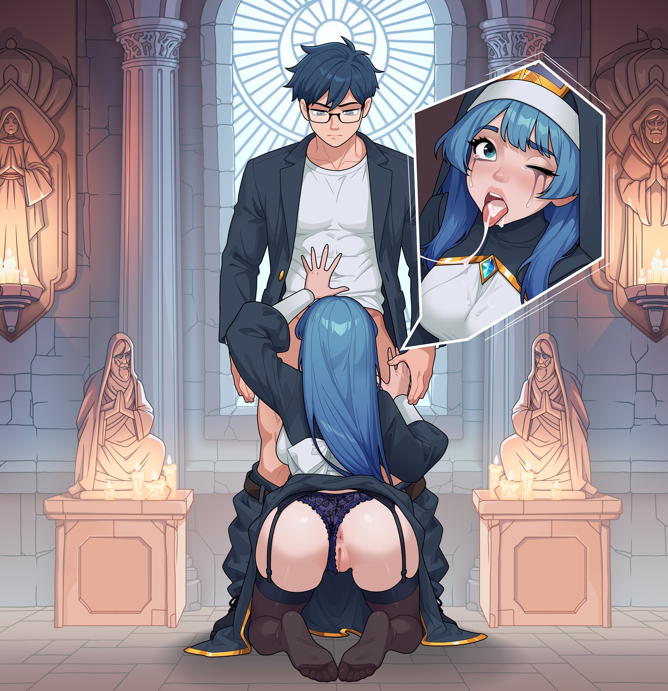 nayt layt, caroline (nayt layt), original, commentary, english commentary, highres, 1boy, 1girl, after fellatio, anus, ass, black thighhighs, blue dress, blue eyes, blue gemstone, blue hair, blue jacket, blue panties, blue pants, breasts, candle, clothes pull, clothing aside, coif, cum, cum in mouth, cum string, dress, feet, garter straps, gem, glasses, gold trim, hetero, indoors, jacket, kneeling, large breasts, long hair, long sleeves, looking at another, looking down, makeup, no shoes, nun, one eye closed, open clothes, open jacket, open mouth, panties, panties aside, pants, pants pull, puffy long sleeves, puffy sleeves, pussy, runny makeup, sculpture, shirt, short hair, soles, standing, t-shirt, tearing up, thighhighs, toes, tongue, tongue out, uncensored, underwear, white shirt, window