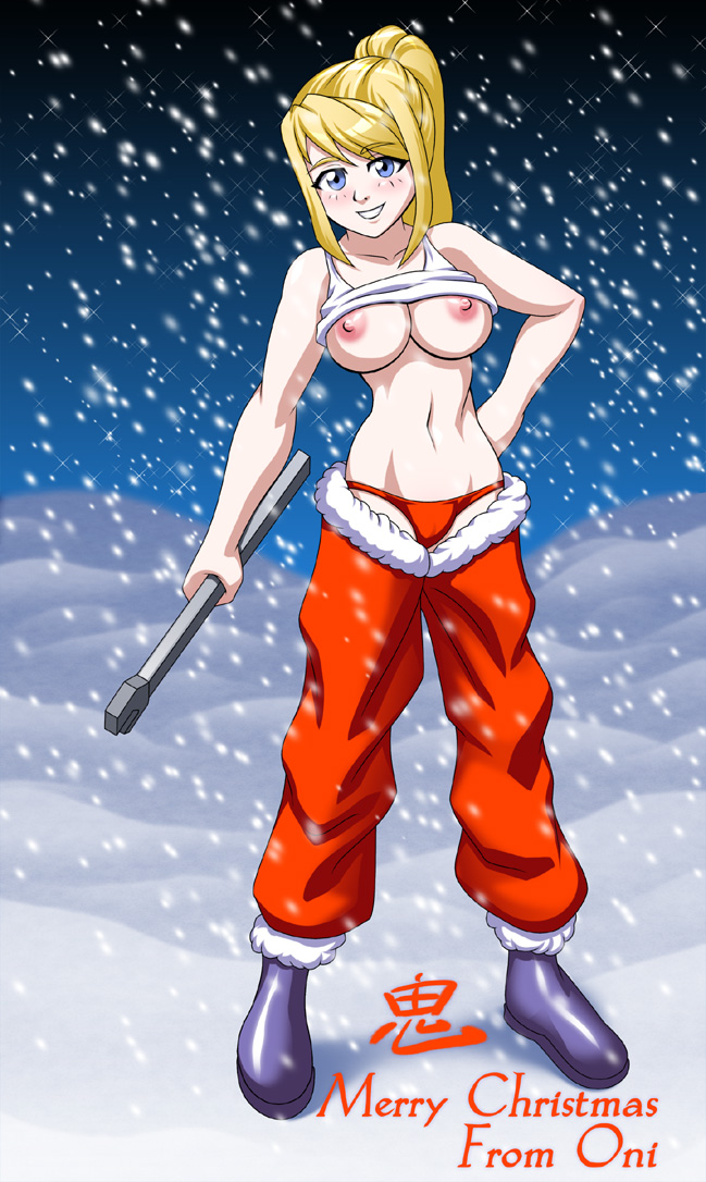 winry rockbell, fullmetal alchemist, 00s, 1girl, blonde hair, blue eyes, boots, breasts, christmas, clothes lift, female focus, large breasts, midriff, nipples, no bra, panties, ponytail, shirt lift, smile, snow, snowing, solo, tomboy, underwear, wrench