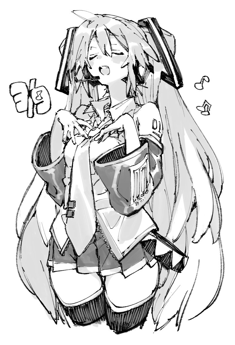 sasako mitomo, hatsune miku, vocaloid, highres, 1girl, :d, bare shoulders, boots, breasts, closed eyes, cropped legs, detached sleeves, hands on own chest, headphones, headset, long hair, medium breasts, microphone, monochrome, music, musical note, necktie, open mouth, pleated skirt, shirt, shoulder tattoo, simple background, singing, sketch, skirt, sleeveless, sleeveless shirt, smile, tattoo, thigh boots, thigh gap, tie clip, very long hair, white background