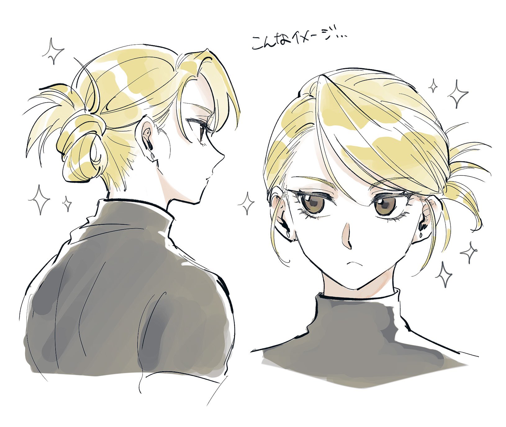 ozaki (tsukiko3), riza hawkeye, fullmetal alchemist, commentary, highres, 1girl, black shirt, blonde hair, brown eyes, close-up, closed mouth, cropped shoulders, folded ponytail, frown, looking to the side, multiple views, shirt, simple background, solo, sparkle, swept bangs, turtleneck, turtleneck shirt, white background