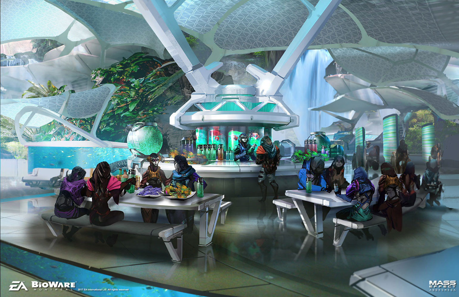 ben lo, mass effect (series), 6+others, bar (place), bench, bottle, built-in aquarium, bush, drink, fern, fish, fruit bowl, indoors, multiple others, painterly, plate, reflective floor, sitting, standing, sunroof, table, talking