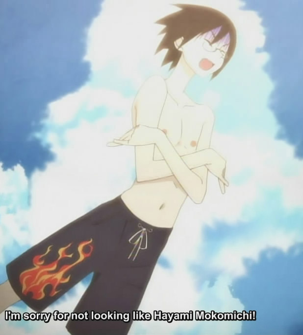 itoshiki nozomu, sayonara zetsubou sensei, anime screenshot, 00s, 1boy, brown hair, glasses, male focus, outdoors, shorts, sky, solo, subtitled, topless male