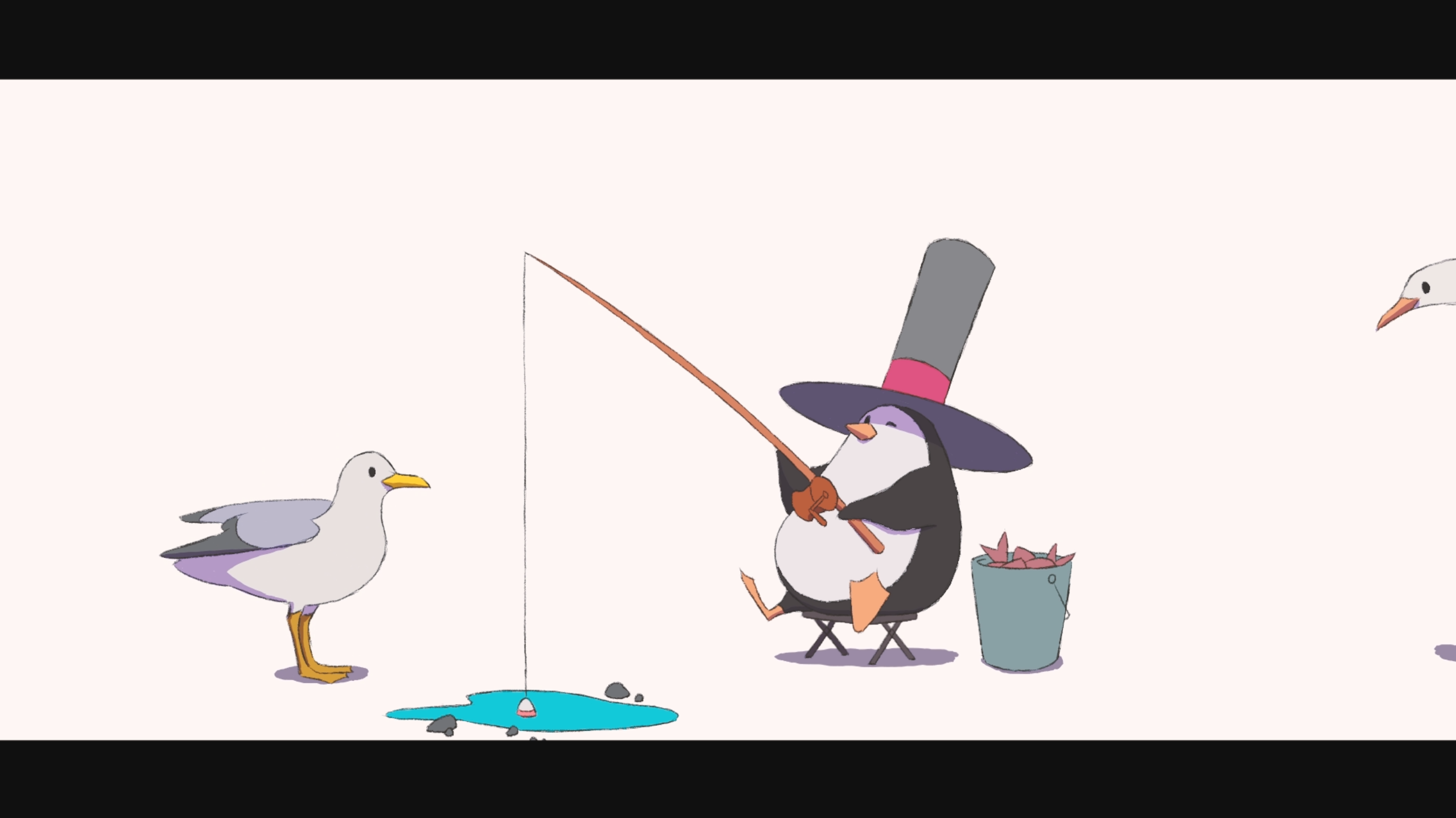 snatti, original, highres, animal, animal focus, beak, bird, black hat, bucket, chair, fish, fishing, fishing line, fishing rod, hat, holding, holding fishing rod, no humans, one eye closed, penguin, seagull, sitting, sketch, water