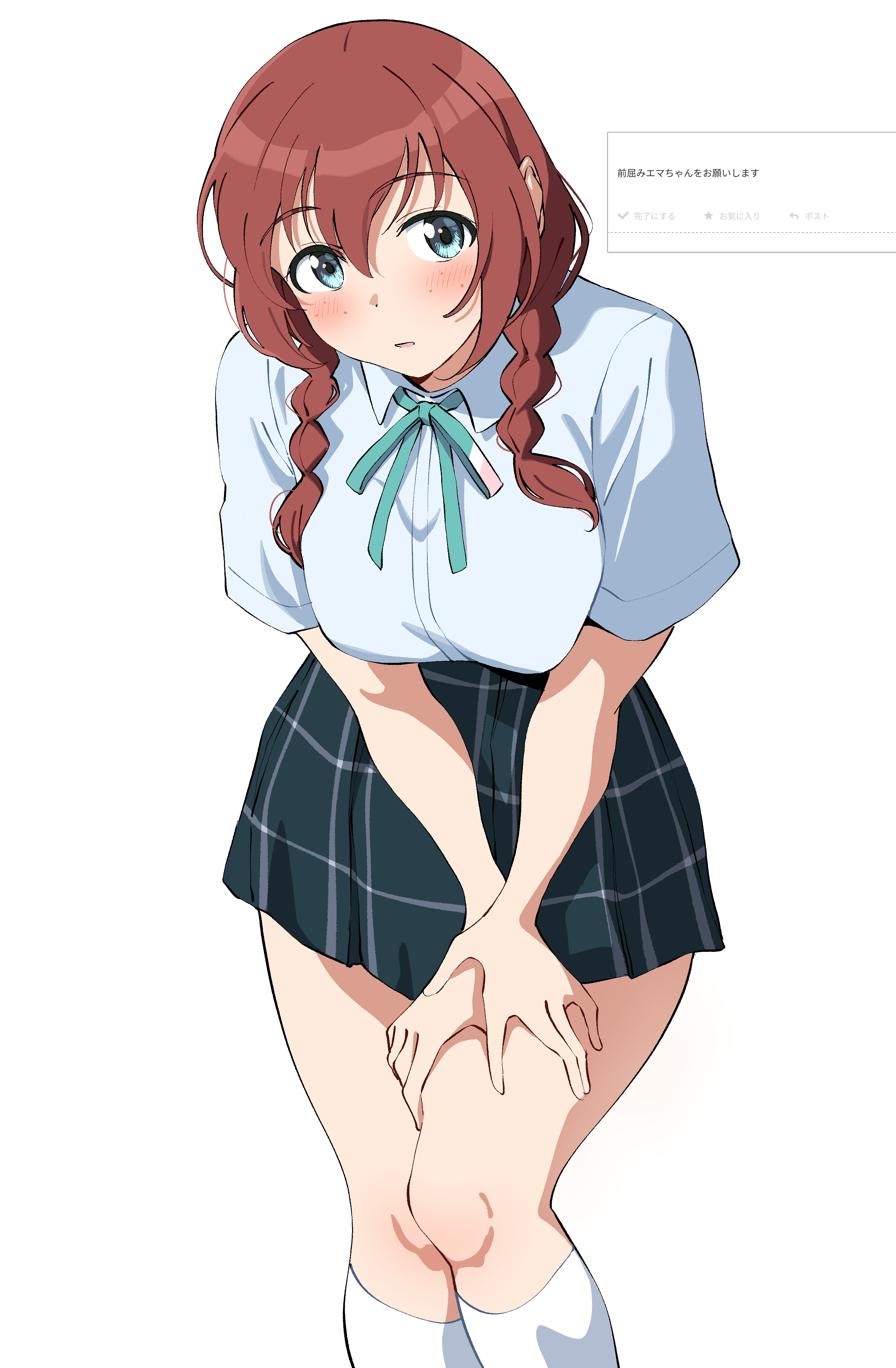 uchuu no mozuku, emma verde, love live!, love live! nijigasaki high school idol club, absurdres, highres, 1girl, black skirt, blue eyes, blue shirt, blush, braid, brown hair, bush, collared shirt, freckles, hair between eyes, hand on own thigh, looking at viewer, low twin braids, open mouth, pleated skirt, school uniform, shirt, short sleeves, simple background, skirt, socks, solo, standing, twin braids, white background, white socks
