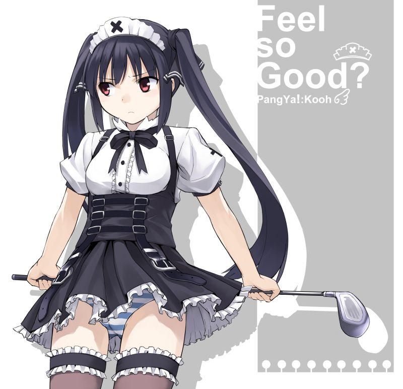 b.k., ichikura (bk), kooh (pangya), pangya, 1girl, english text, engrish text, female focus, maid, panties, pantyshot, ranguage, solo, striped clothes, striped panties, thighhighs, underwear, zettai ryouiki
