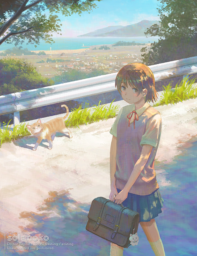 solanoko, original, 1girl, blue skirt, blue sky, briefcase, brown eyes, brown hair, cat, charm (object), closed mouth, day, grass, neck ribbon, ocean, orange cat, outdoors, pink sweater vest, red ribbon, ribbon, school briefcase, school uniform, shirt, short hair, short sleeves, skirt, sky, solo, sweater vest, tree, white shirt