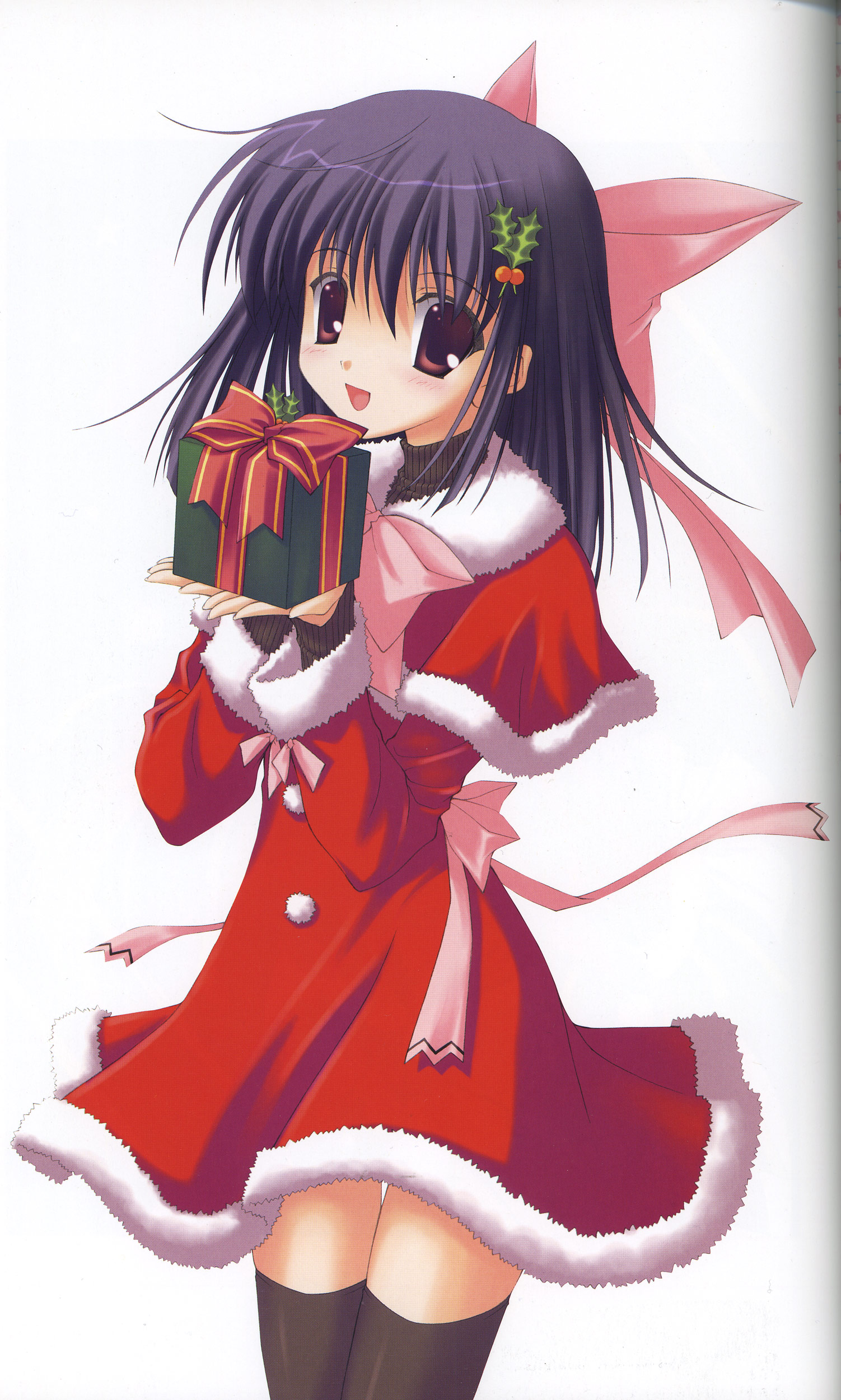nanao naru, original, absurdres, highres, scan, 1girl, :d, black thighhighs, capelet, christmas, female focus, gift, hair ornament, holding, holding gift, holly, holly hair ornament, looking at viewer, open mouth, pink eyes, purple hair, santa costume, simple background, smile, solo, texture, thighhighs, white background, zettai ryouiki