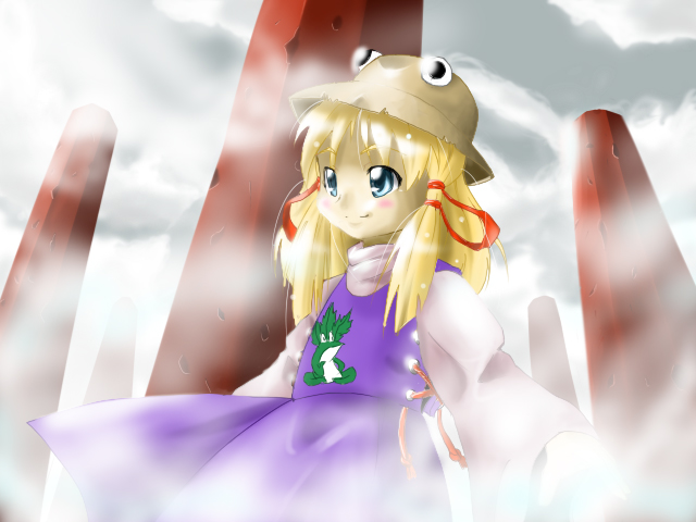haibane, haibane (tsukumo no kiseki), moriya suwako, touhou, 1girl, blonde hair, blue eyes, dress, extra eyes, female focus, hat, long sleeves, outdoors, pillar, purple dress, short hair, smile, solo, sweater, upper body