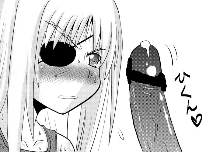 mitsurugi tsurugi, cinque (nanoha), numbers (nanoha), lyrical nanoha, mahou shoujo lyrical nanoha, mahou shoujo lyrical nanoha strikers, 00s, 1girl, blush, clenched teeth, closed eyes, expressionless, greyscale, monochrome, motion lines, penis, simple background, solo focus, teeth, upper body, veins, veiny penis, white background
