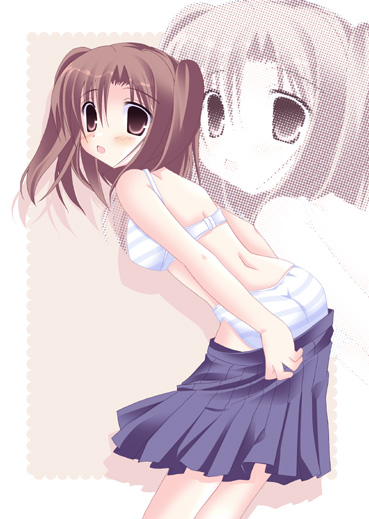 knave, kujira (knave), yumizuka satsuki, tsukihime, 00s, 1girl, blue skirt, bra, brown eyes, brown hair, female focus, lingerie, panties, skirt, solo, striped clothes, striped panties, underwear, undressing