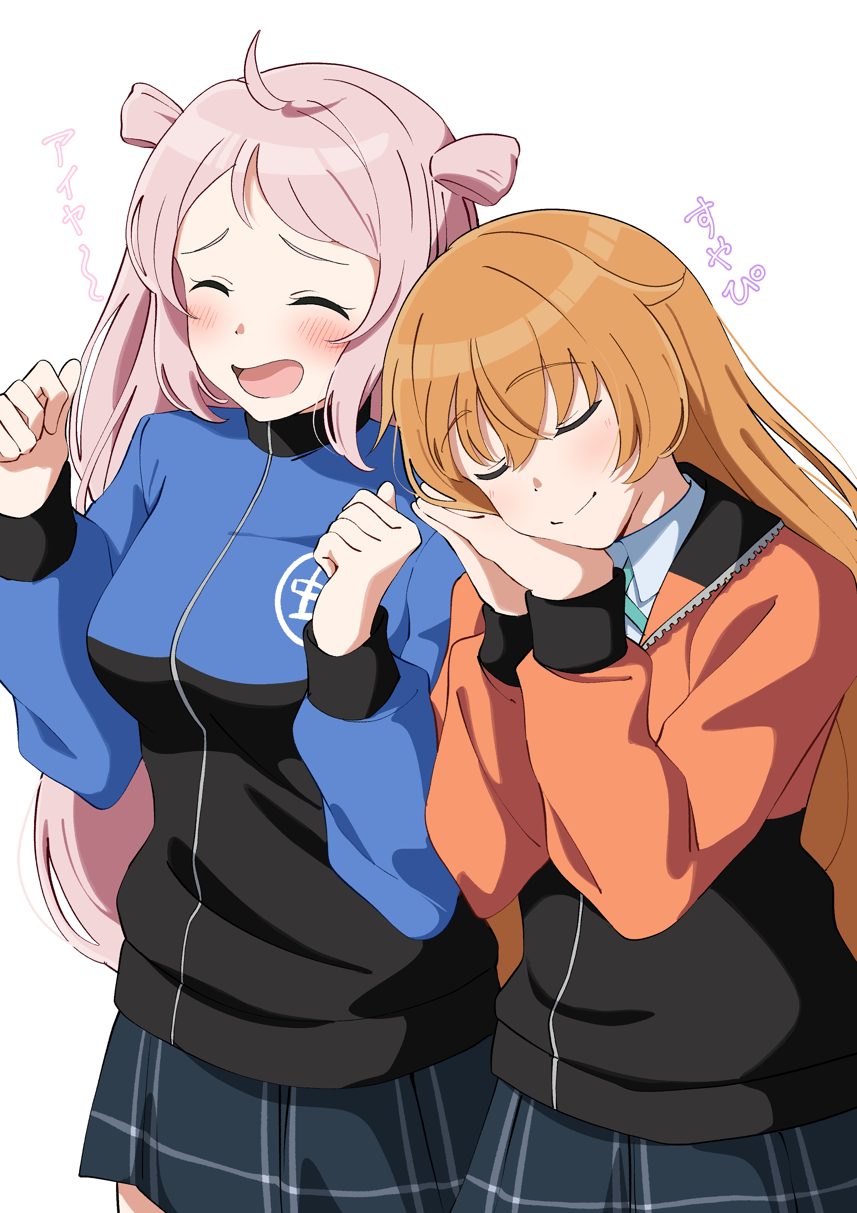 uchuu no mozuku, konoe kanata, zhong lanzhu, love live!, love live! nijigasaki high school idol club, absurdres, highres, 2girls, ahoge, black jacket, black skirt, blue jacket, blue shirt, blush, closed mouth, collared shirt, hair rings, jacket, long hair, long sleeves, multicolored jacket, multiple girls, nijigasaki school uniform, open mouth, orange hair, orange jacket, pink hair, pleated skirt, school uniform, shirt, sidelocks, simple background, skirt, sleeping, smile, standing, two-tone jacket, white background