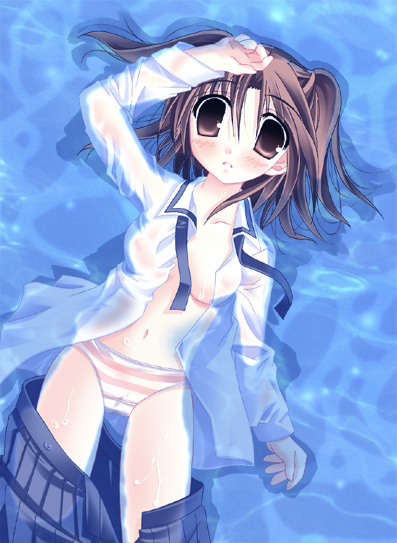knave, kujira (knave), yumizuka satsuki, tsukihime, 00s, 1girl, blue skirt, breasts, brown eyes, brown hair, female focus, nipples, panties, see-through clothes, skirt, small breasts, solo, striped clothes, striped panties, underwear, water, wet