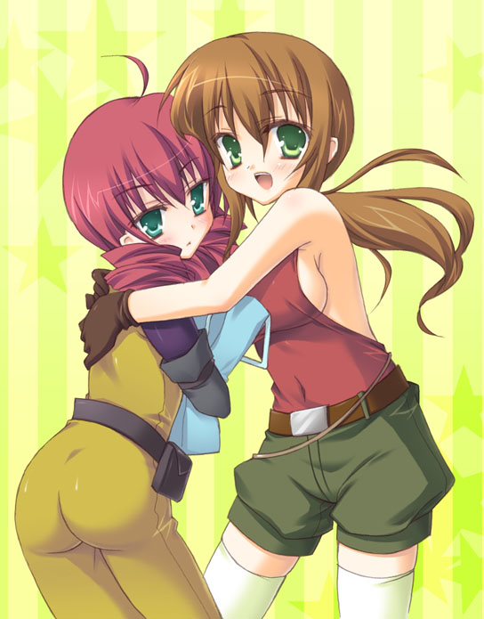 christina sierra, feldt grace, gundam, gundam 00, 00s, 2girls, ass, breasts, brown hair, green eyes, medium breasts, multiple girls, pink hair, ponytail, sideboob, thighhighs