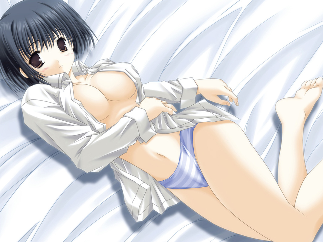 asou asuna, tenshi no inai 12-gatsu, 1girl, bed, breasts, female focus, large breasts, lying, panties, shirt, solo, striped clothes, striped panties, underwear