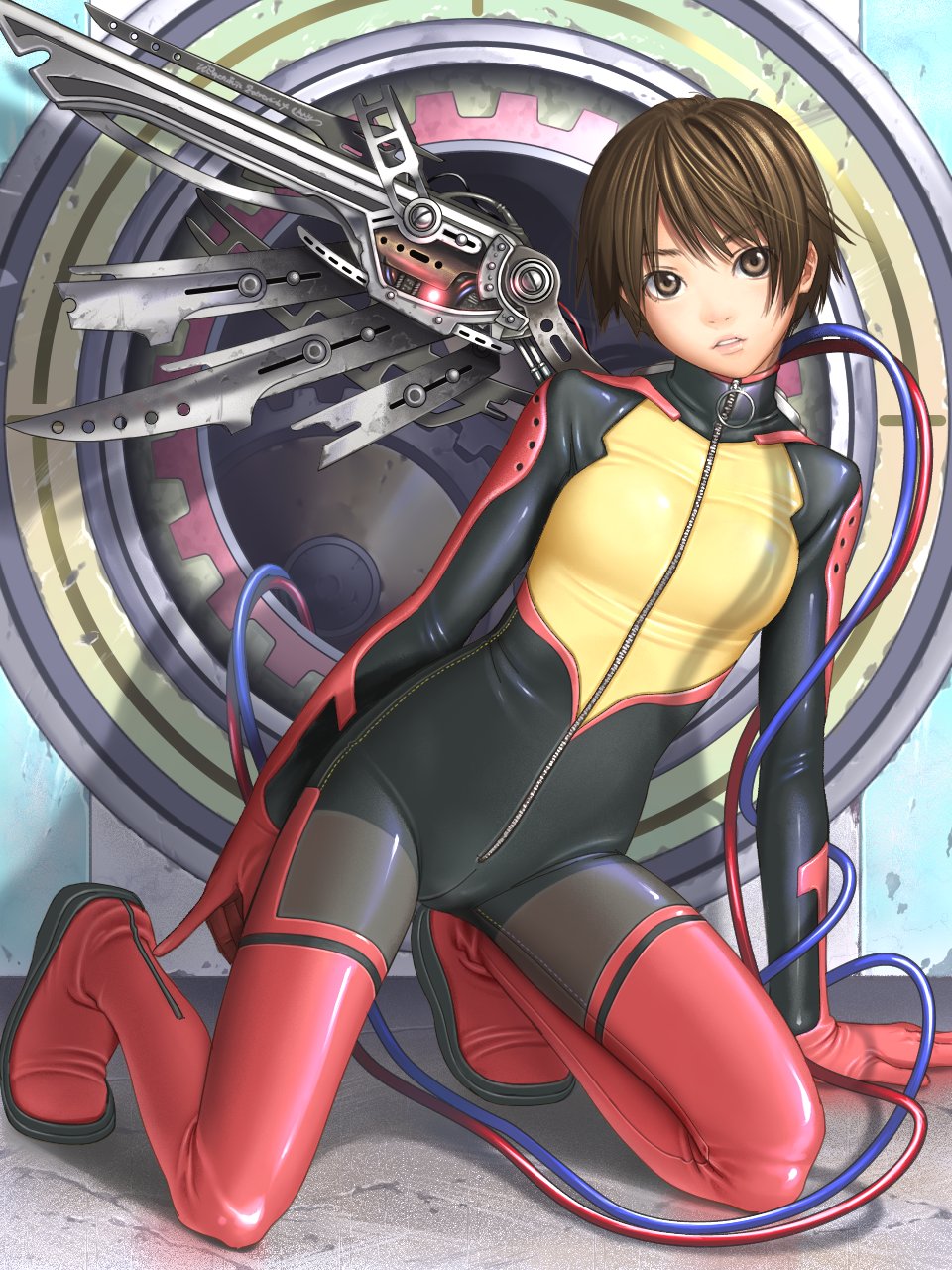 brazen, original, highres, 1girl, black bodysuit, bodysuit, brown eyes, brown hair, cable, female focus, full-length zipper, kneeling, latex, latex suit, looking at viewer, parted lips, short hair, single wing, skin tight, solo, wings, wire, zipper