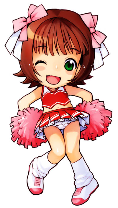 nekomata naomi, amami haruka, idolmaster, idolmaster (classic), idolmaster 1, 00s, blush, brown hair, cheerleader, chibi, frilled panties, frills, green eyes, one eye closed, panties, pantyshot, solo, underwear, wink