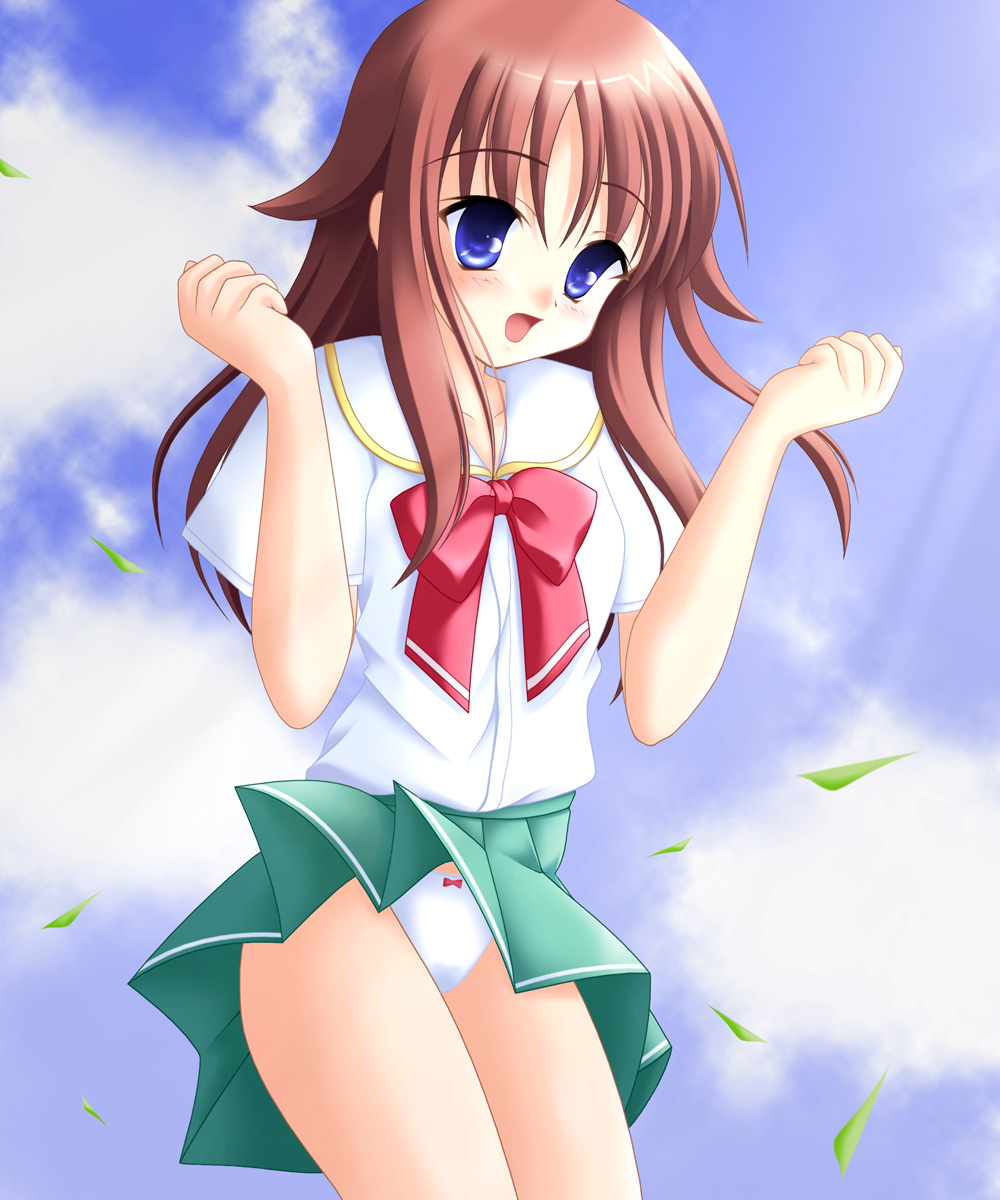 highres, blue eyes, panties, pantyshot, school uniform, serafuku, skirt, solo, underwear