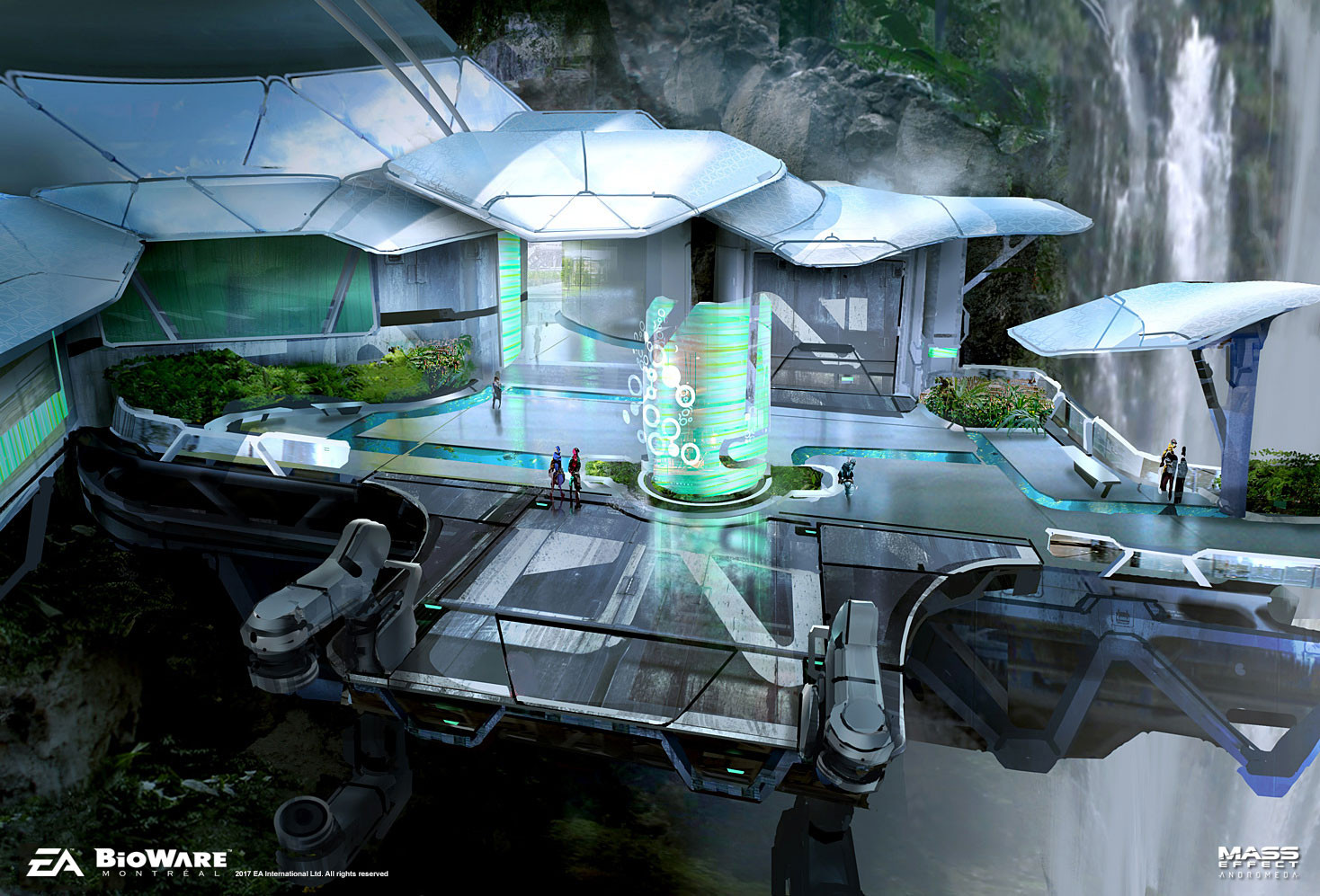 ben lo, mass effect (series), concept art, 5others, balcony, building, bush, cliff, holographic interface, mini person, multiple others, outdoors, painterly, scenery, science fiction, walking, water, waterfall