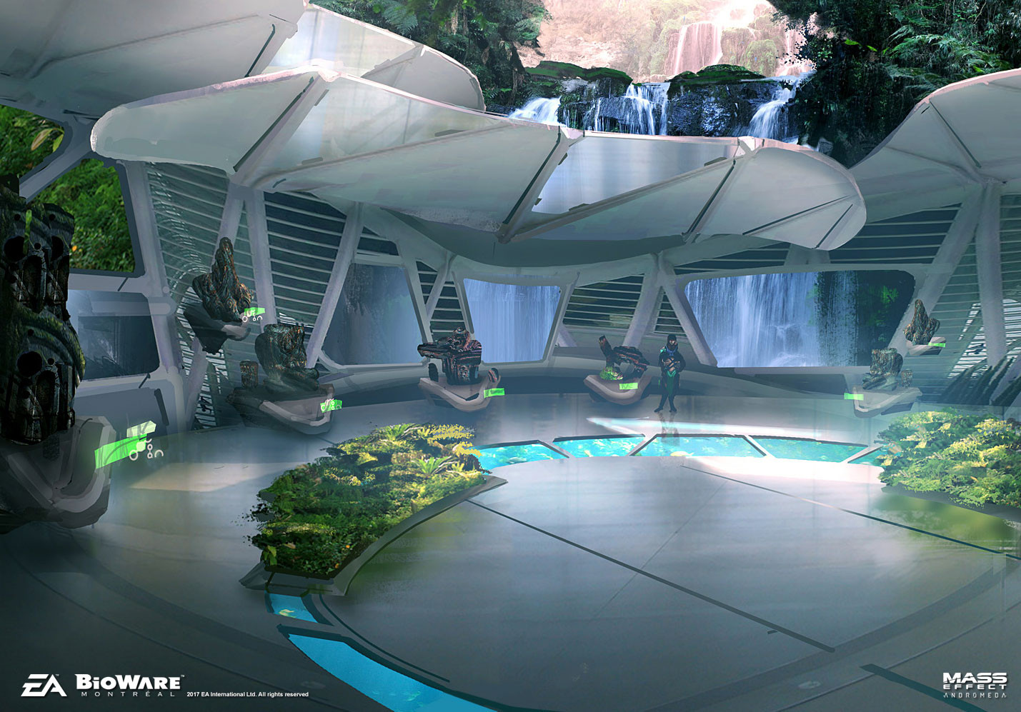 ben lo, mass effect (series), concept art, 1other, bush, close-up, day, full body, holographic interface, mountainous horizon, science fiction, solo, standing, sunroof, water, waterfall