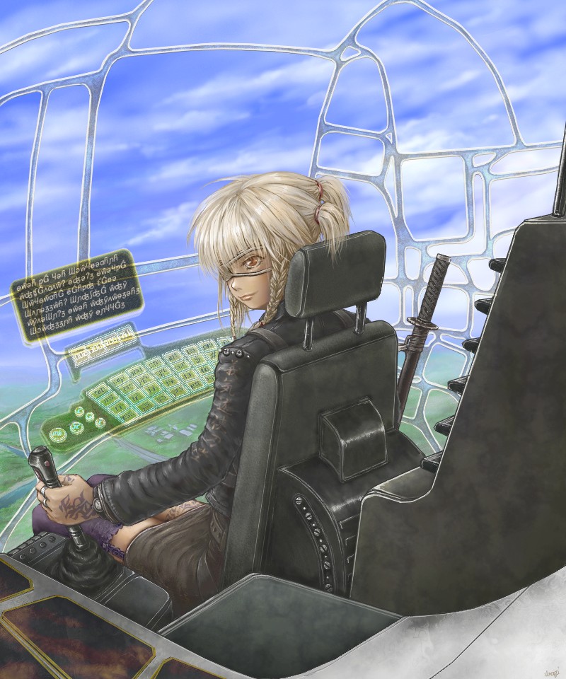 unagi (sougansouji), original, aircraft, airship, blonde hair, brown eyes, eyepatch, flying, pilot, solo, sougansouji, tattoo