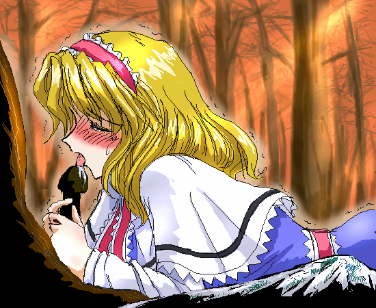 alice margatroid, touhou, 1girl, blonde hair, blush, capelet, female focus, hairband, licking, mushroom, short hair, solo