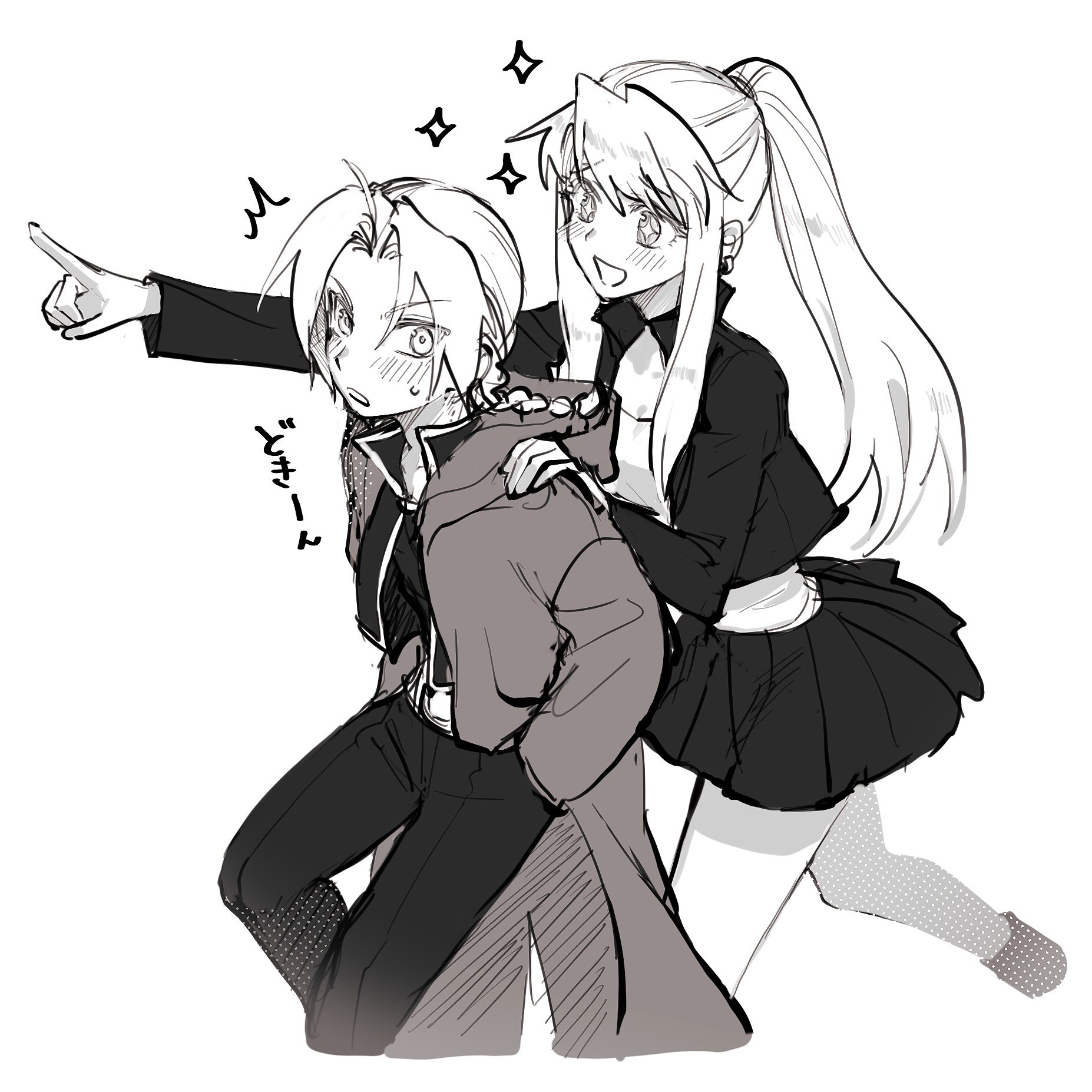 ozaki (tsukiko3), edward elric, winry rockbell, fullmetal alchemist, commentary request, highres, translation request, 1boy, 1girl, blush, breasts, coat, feet out of frame, greyscale, hand in pocket, hand on another's shoulder, long hair, long sleeves, monochrome, open mouth, pants, parted bangs, pointing, ponytail, sidelocks, skirt, small breasts, sparkling eyes, standing
