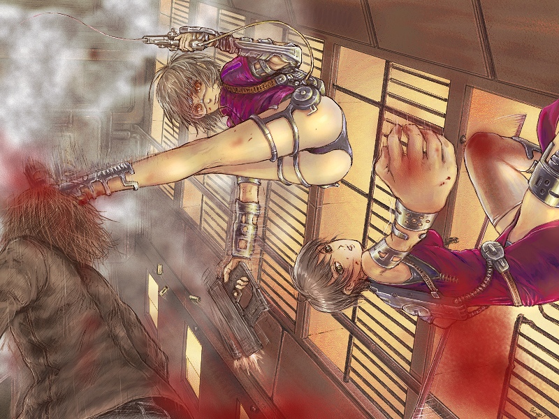 unagi (sougansouji), original, silver hair, action, brown eyes, brown hair, goggles, gun, kicking, perspective, sougansouji, weapon