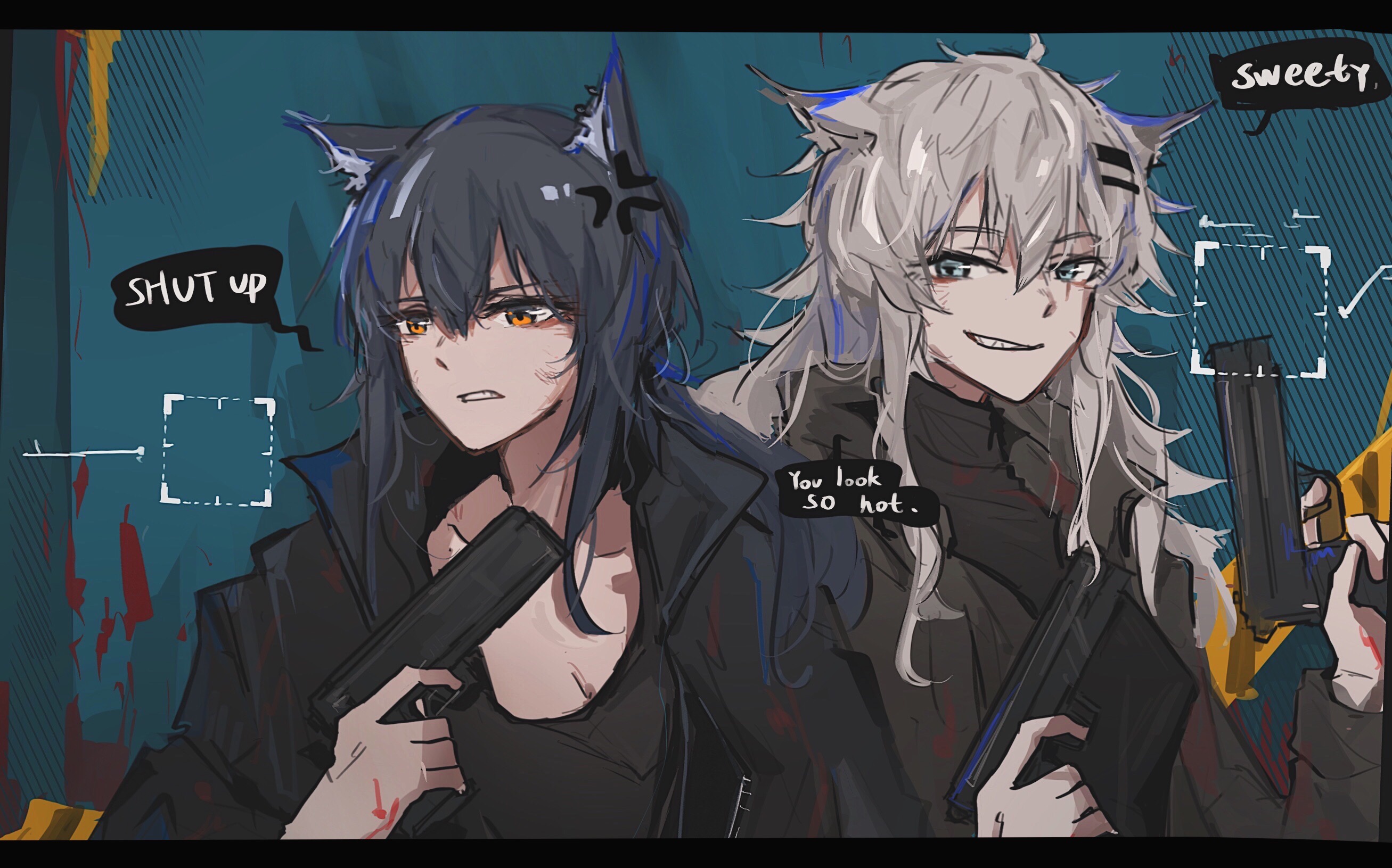 lalvice, lappland (arknights), texas (arknights), arknights, chinese commentary, commentary request, highres, 2girls, anger vein, animal ear fluff, animal ears, black hair, breasts, cleavage, dual wielding, english text, finger on trigger, grey eyes, grey hair, gun, hair between eyes, hair ornament, hairclip, handgun, holding, letterboxed, long hair, multiple girls, orange eyes, scar, scar across eye, scar on face, smile, speech bubble, upper body, weapon, wolf ears, wolf girl